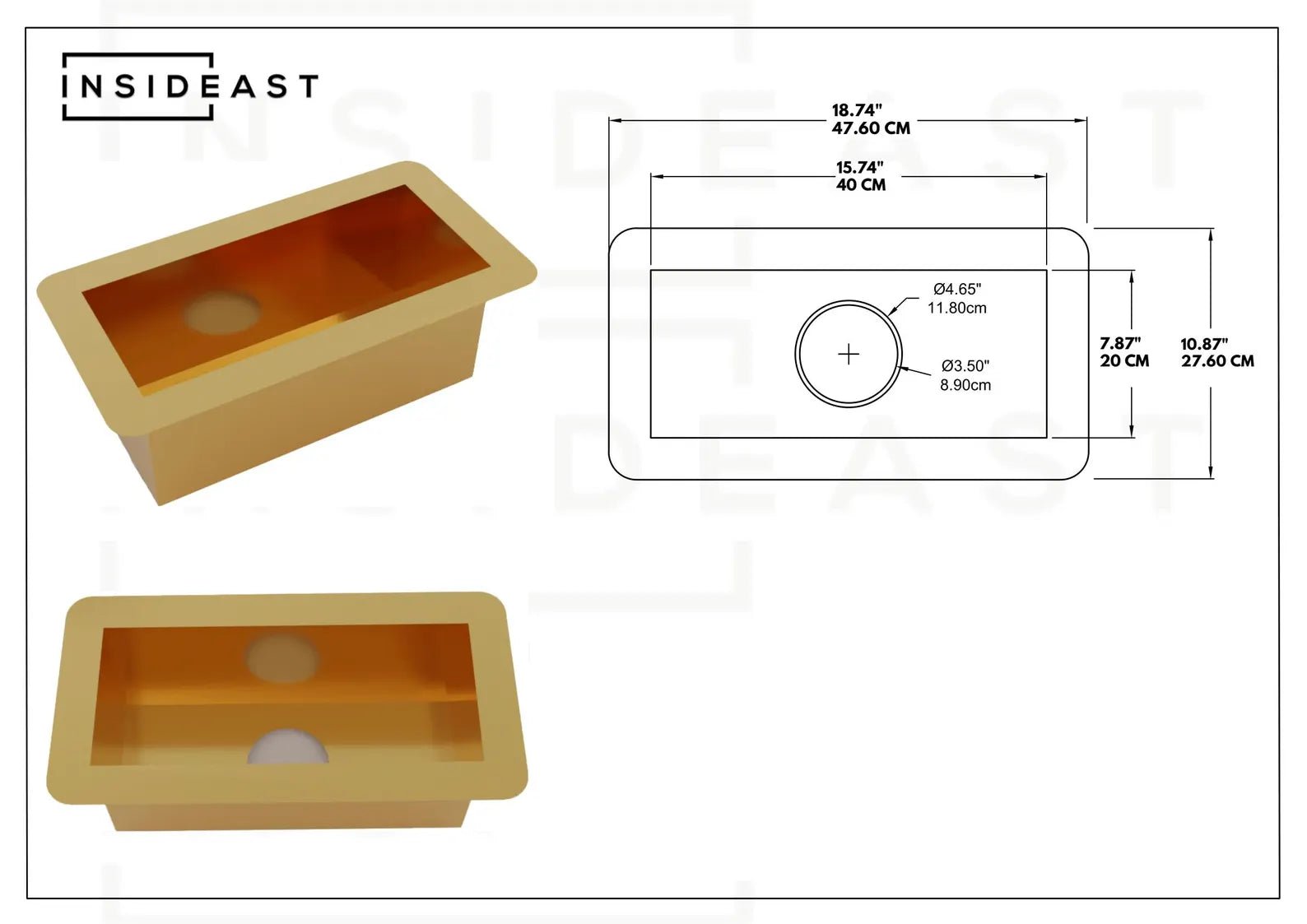 Solid Brass Undermount Sink | Compact Rectangular Small Kitchen Sink | With Strainer - Insideast