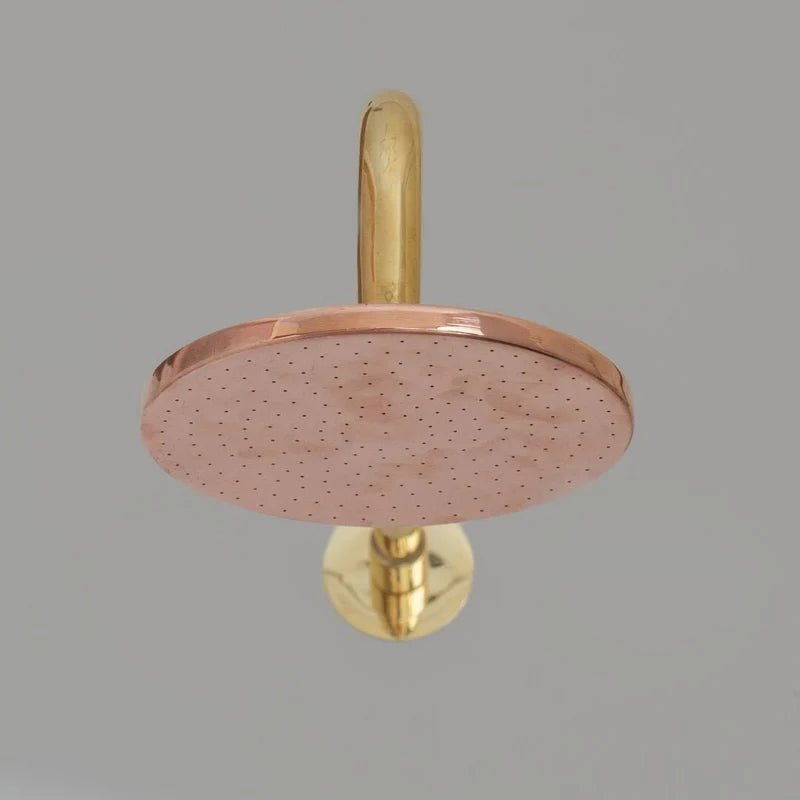Solid Copper Rain Shower Head, Flat Round Handcrafted Vintage Showerhead, Works Outdoor - Insideast