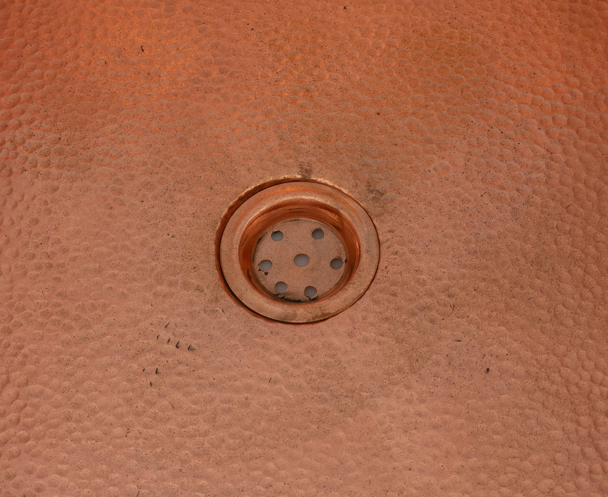 Copper undermount sink outdoor bar kitchen — patina development aged finish