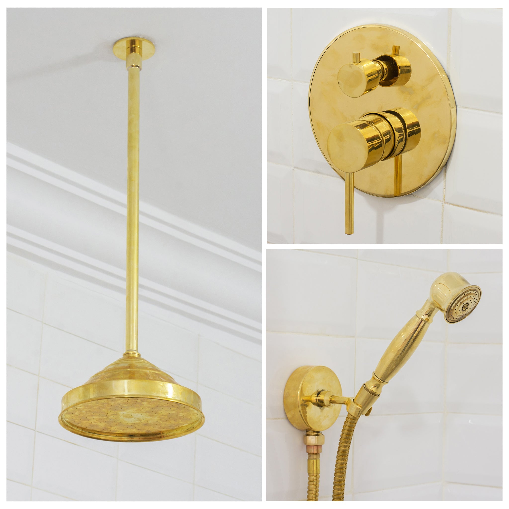 Unlacquered Brass 2 - Outlet Shower, Ceiling Shower System, Overhead Shower With Handheld, Ceiling Mount Showerhead And Hand Shower - Insideast