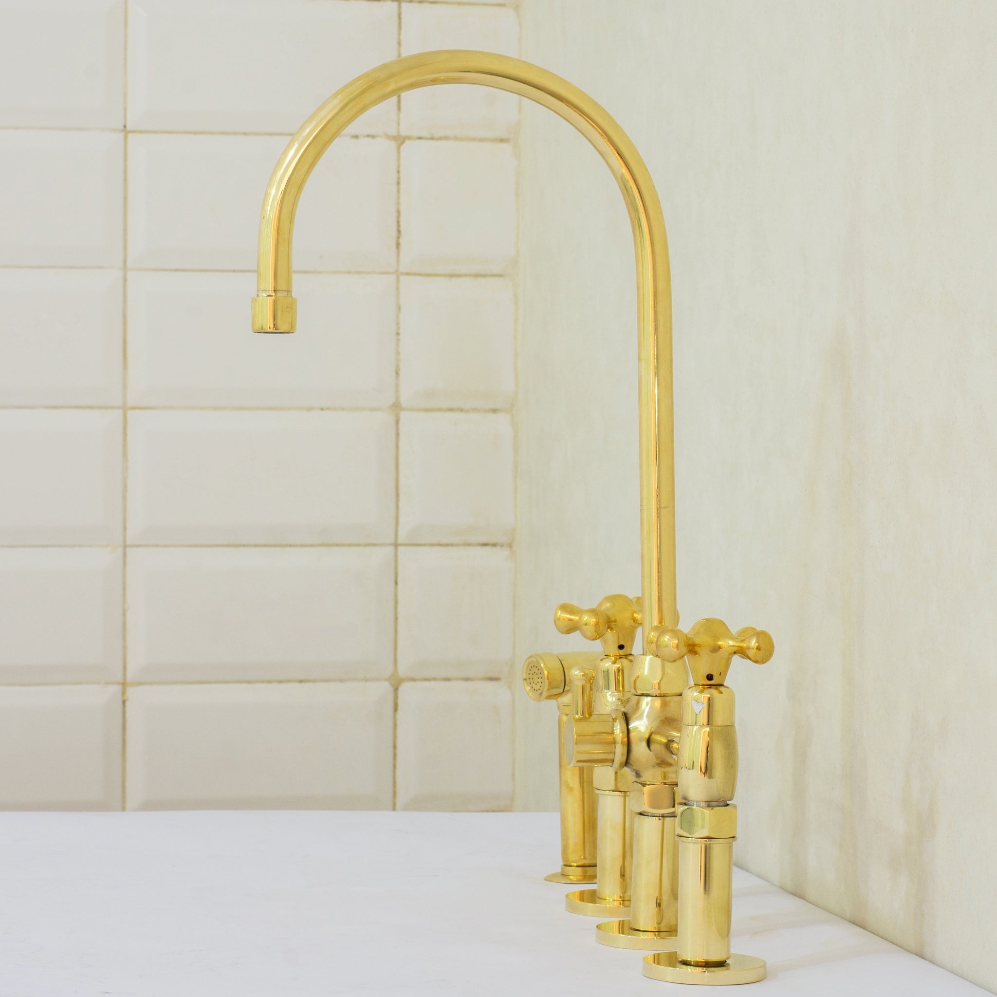 Unlacquered Brass 3 - Hole Bridge Faucet With Sprayer, 3 Legs Faucet, Deck Mount Kitchen Faucet - Insideast