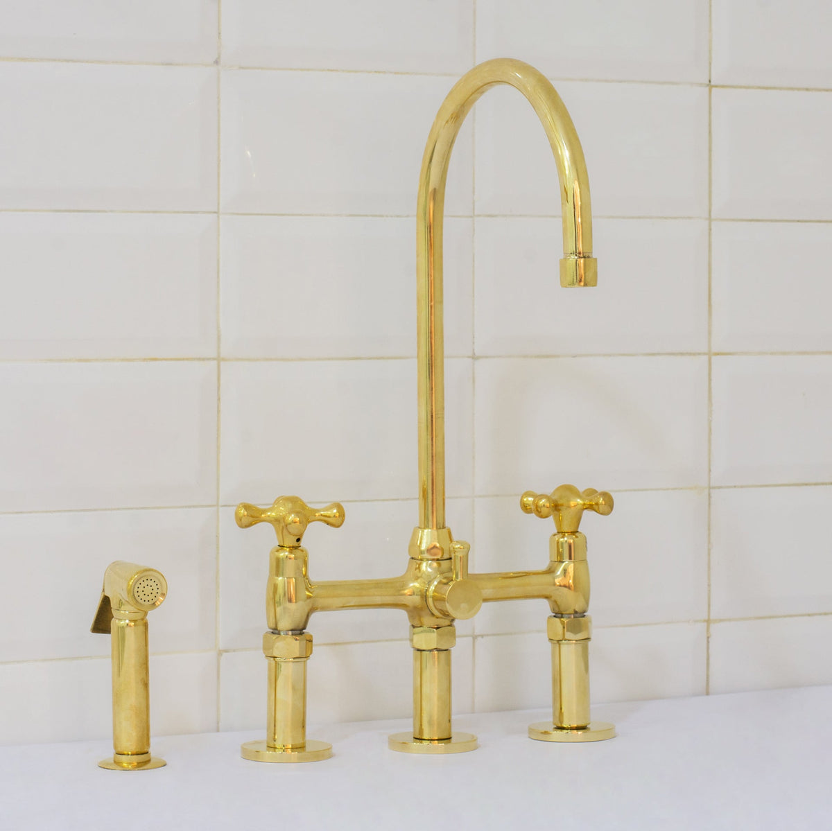 Elegant Unlacquered Brass 3-Hole Kitchen Faucet with Sprayer – Insideast
