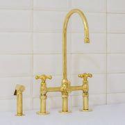 Unlacquered Brass 3 - Hole Bridge Faucet With Sprayer, 3 Legs Faucet, Deck Mount Kitchen Faucet - Insideast