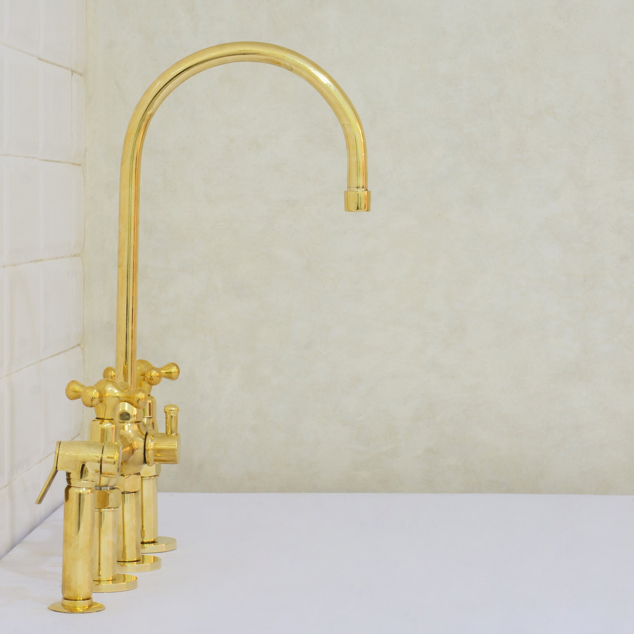 Unlacquered Brass 3 - Hole Bridge Faucet With Sprayer, 3 Legs Faucet, Deck Mount Kitchen Faucet - Insideast