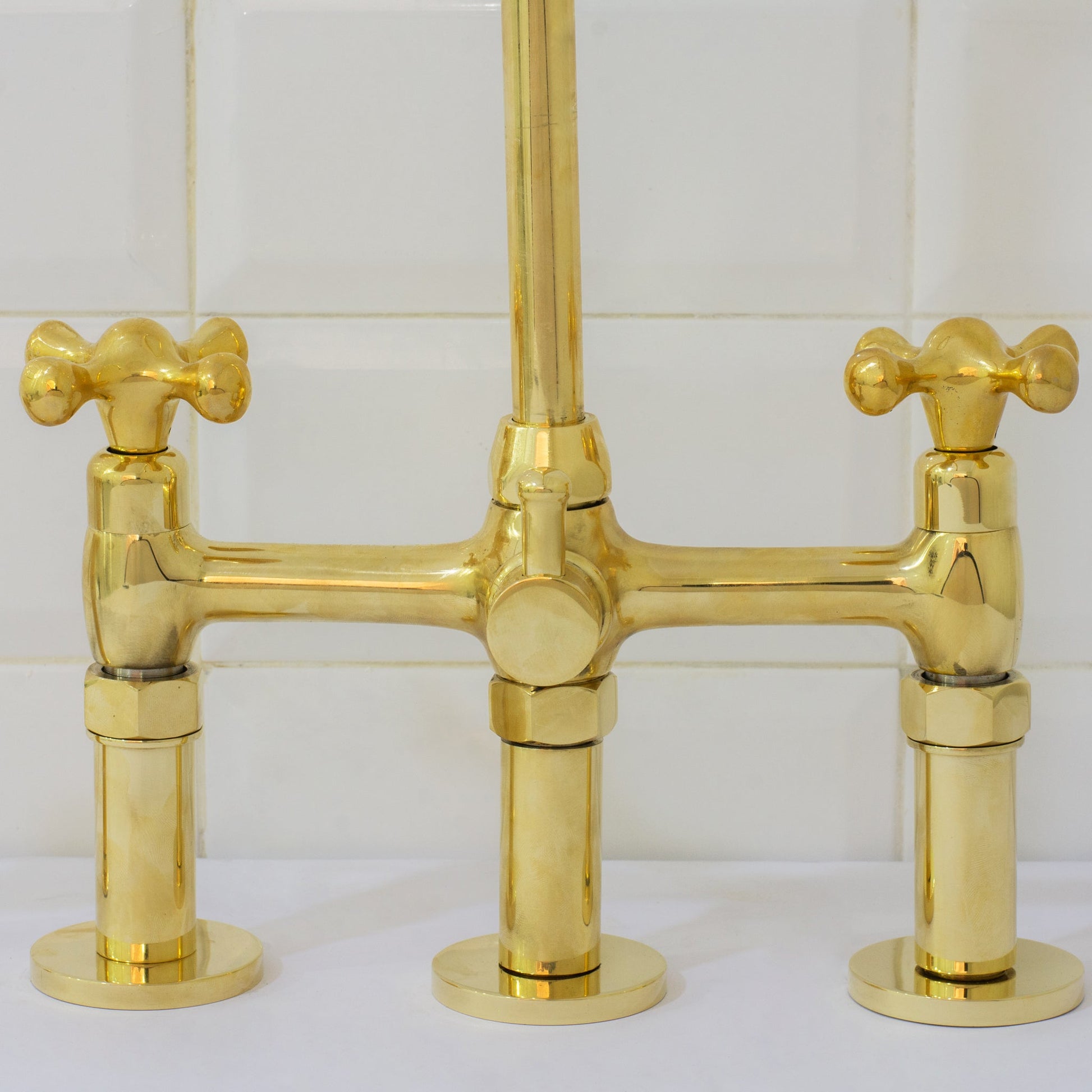 Unlacquered Brass 3 - Hole Bridge Faucet With Sprayer, 3 Legs Faucet, Deck Mount Kitchen Faucet - Insideast