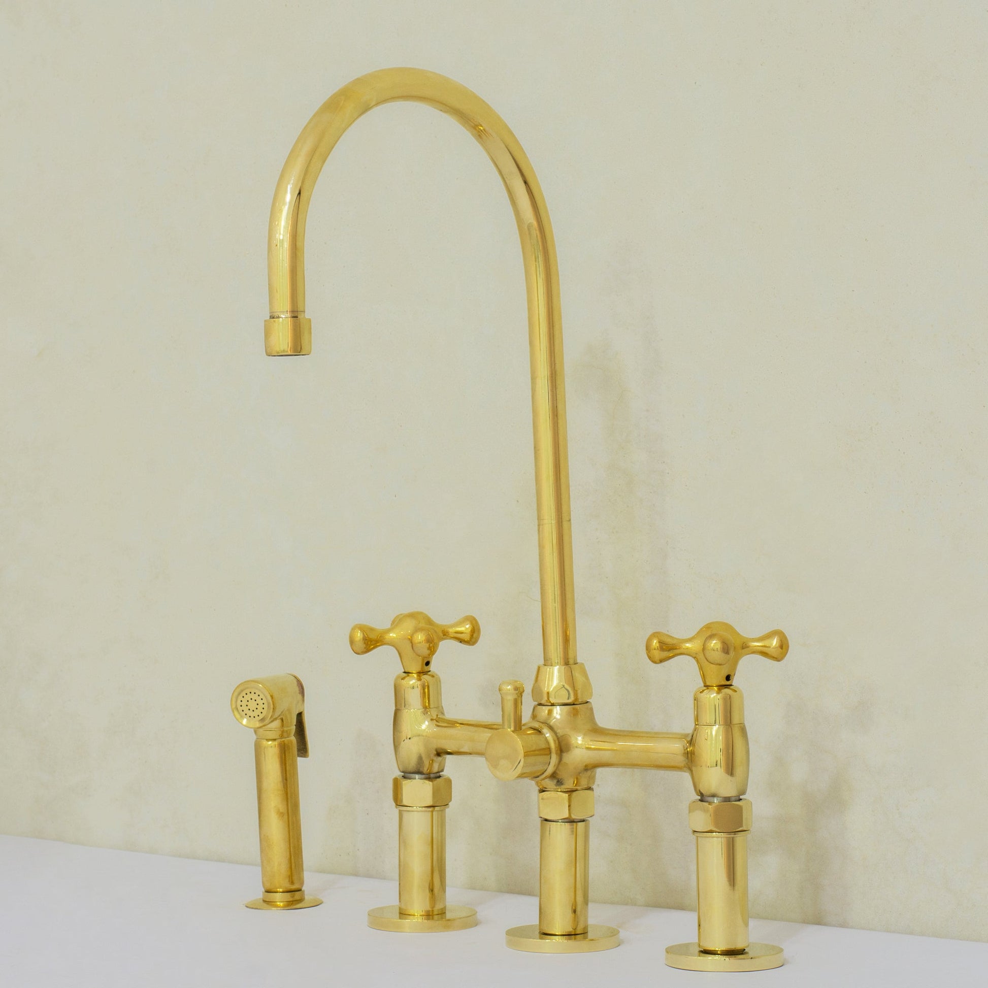 Unlacquered Brass 3 - Hole Bridge Faucet With Sprayer, 3 Legs Faucet, Deck Mount Kitchen Faucet - Insideast
