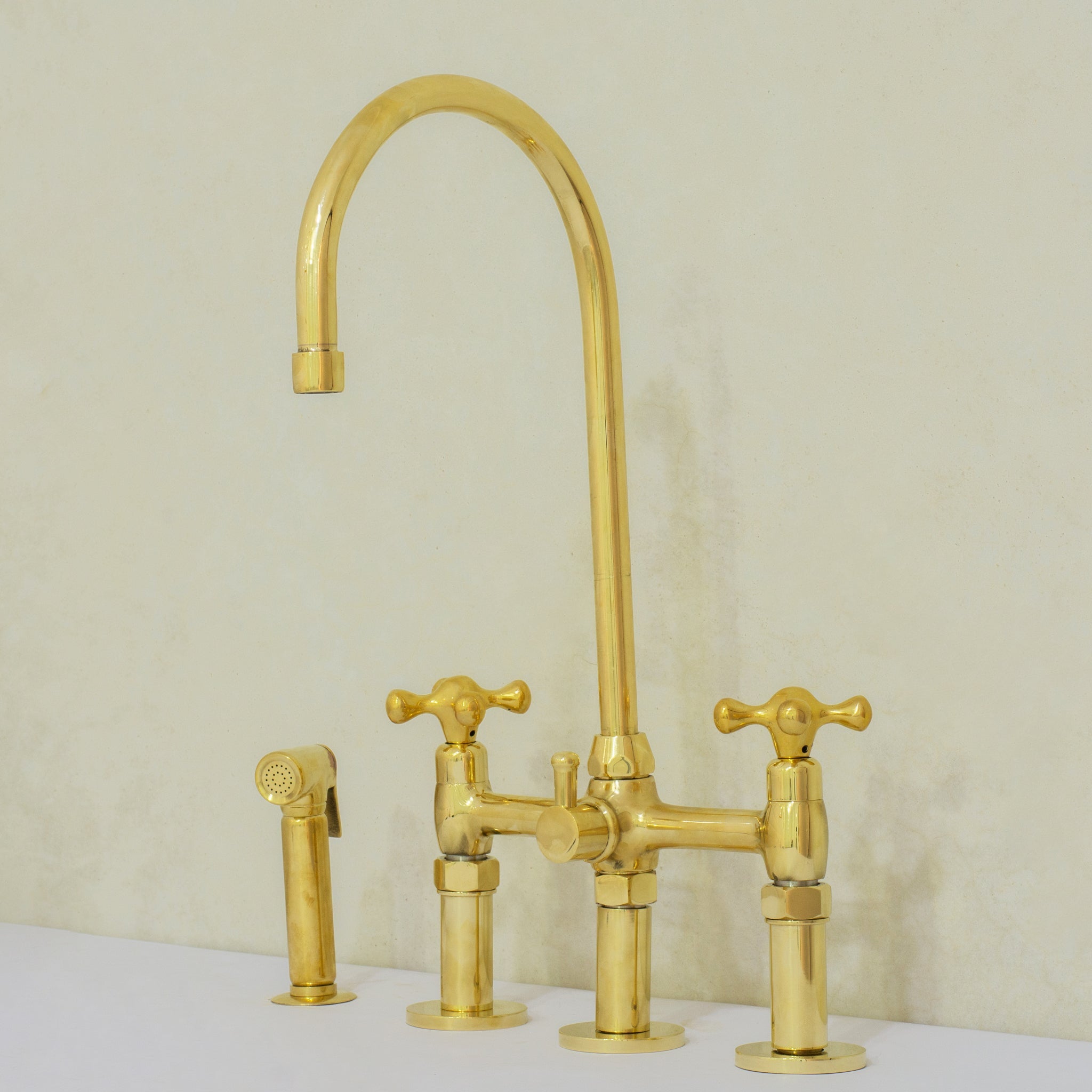 Unlacquered Brass 3 - Hole Bridge Faucet With Sprayer, 3 Legs Faucet, Deck Mount Kitchen Faucet - Insideast