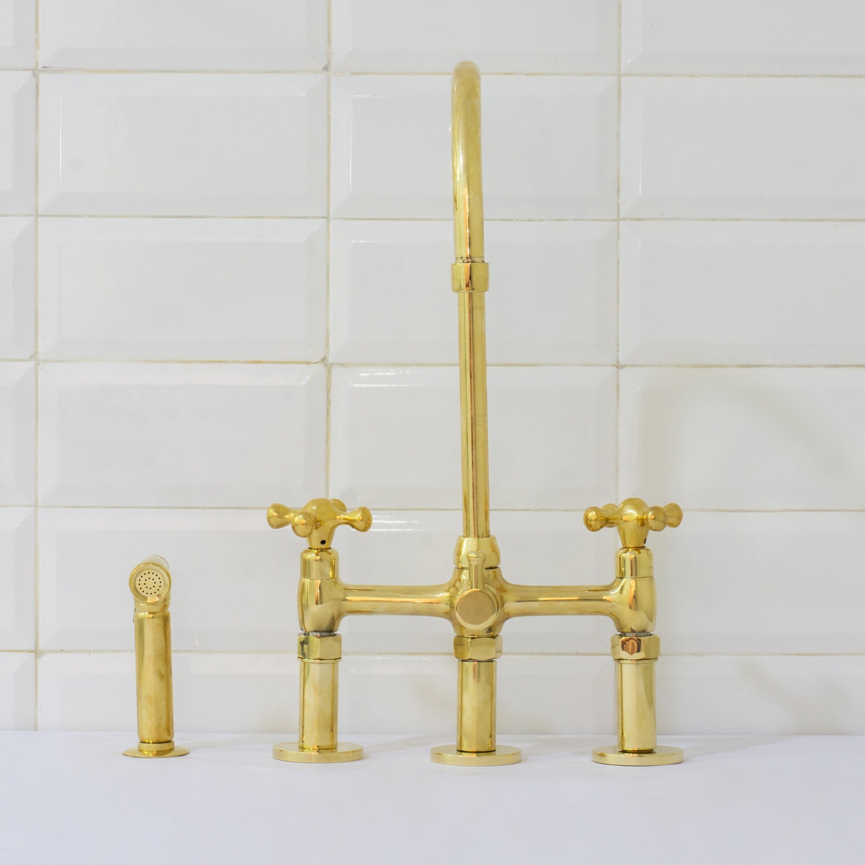 Unlacquered Brass 3 - Hole Bridge Faucet With Sprayer, 3 Legs Faucet, Deck Mount Kitchen Faucet - Insideast