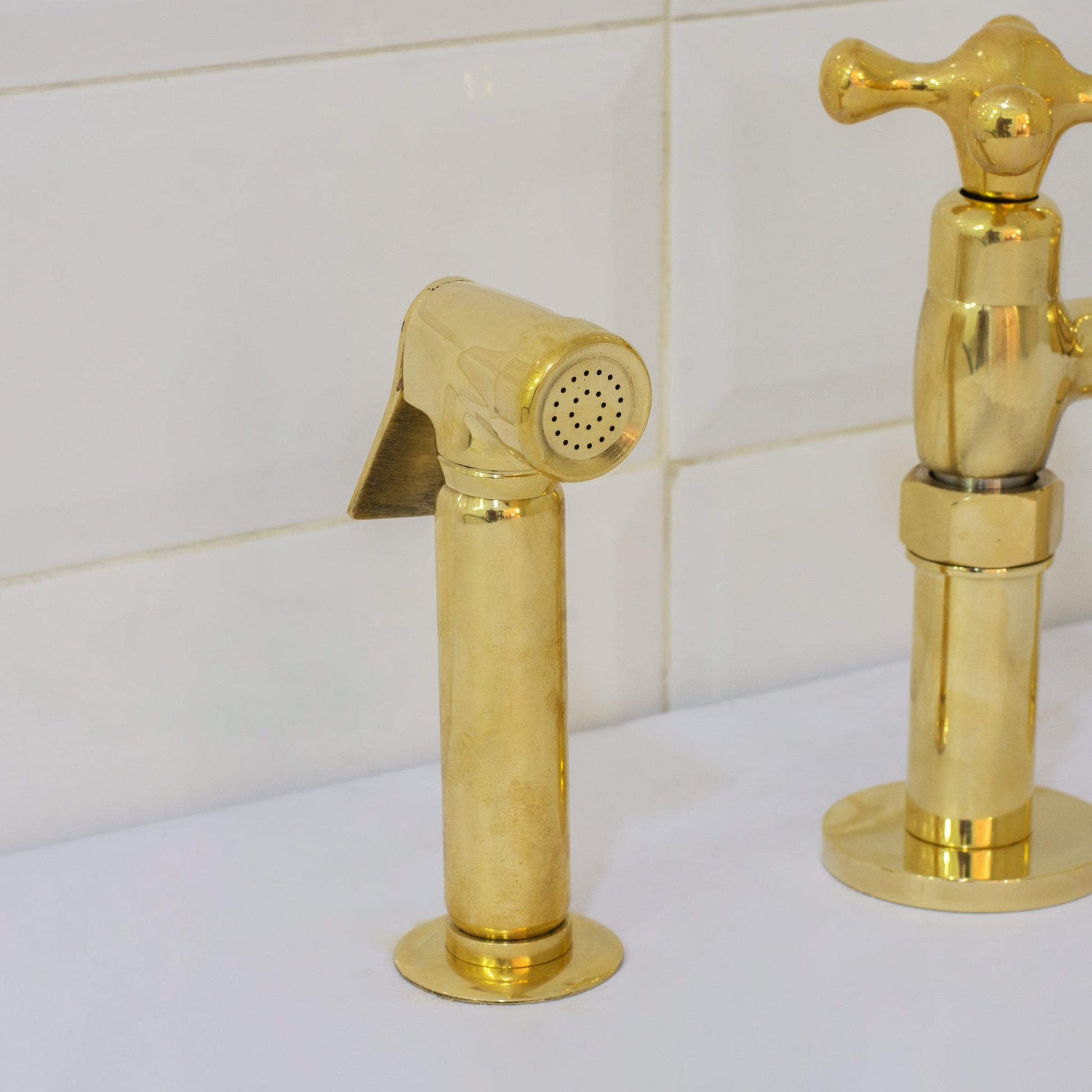 Unlacquered Brass 3 - Hole Bridge Faucet With Sprayer, 3 Legs Faucet, Deck Mount Kitchen Faucet - Insideast