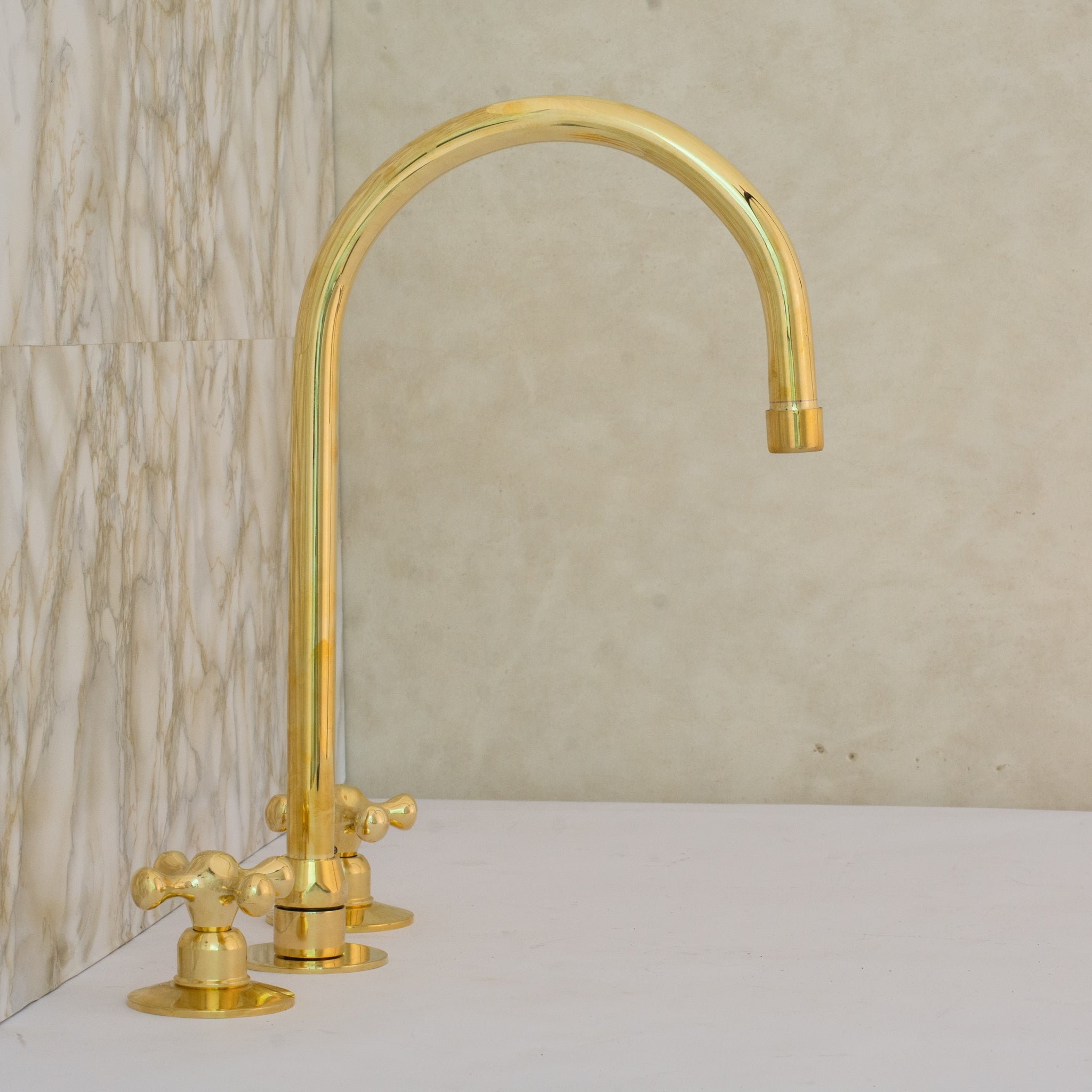 Unlacquered Brass 3 - Hole Kitchen Faucet | Kitchen Sink Faucet Swivel Spout - Insideast