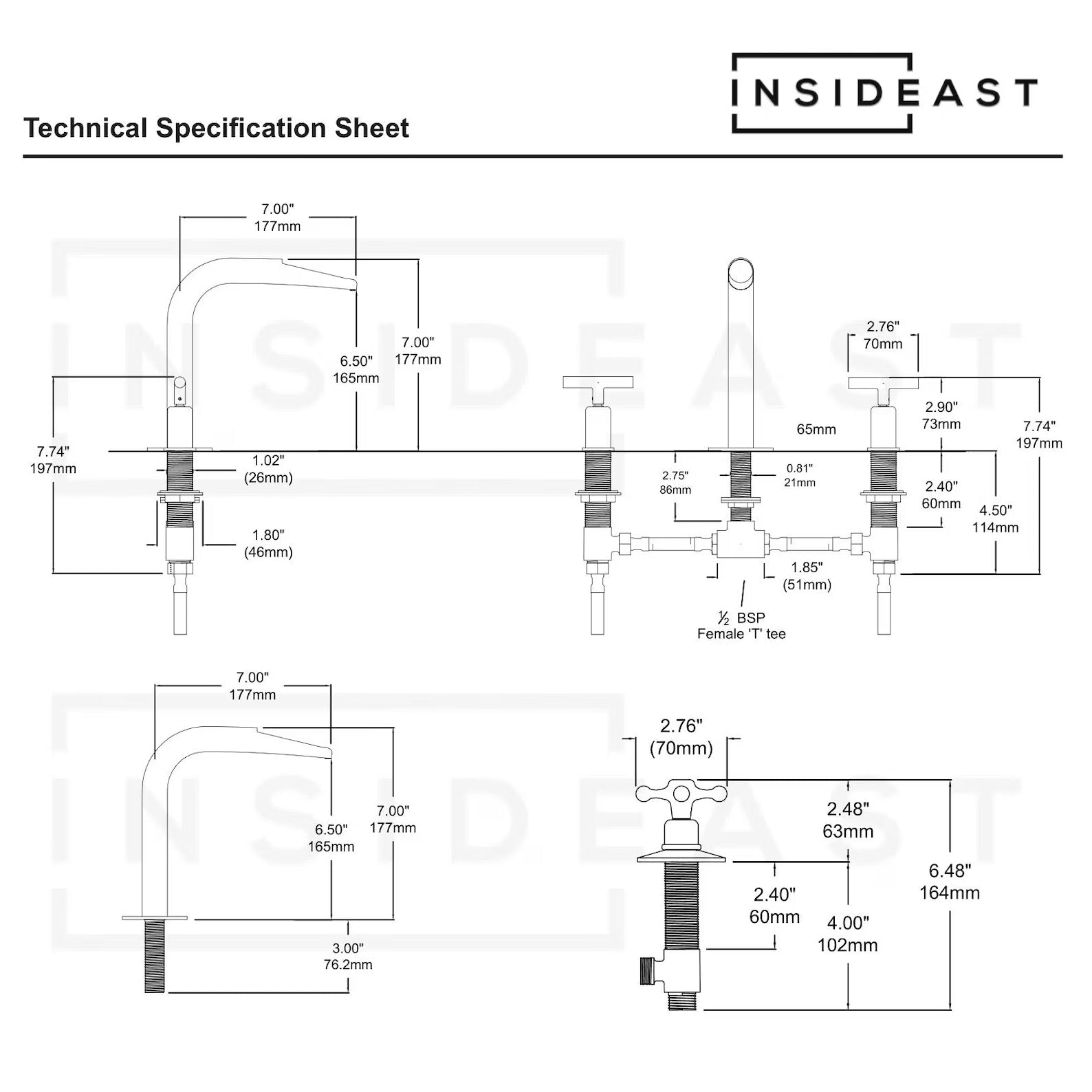 Unlacquered Brass 3 - Hole Widespread Faucet, Deck Mount Bathroom Waterfall Faucet - Insideast