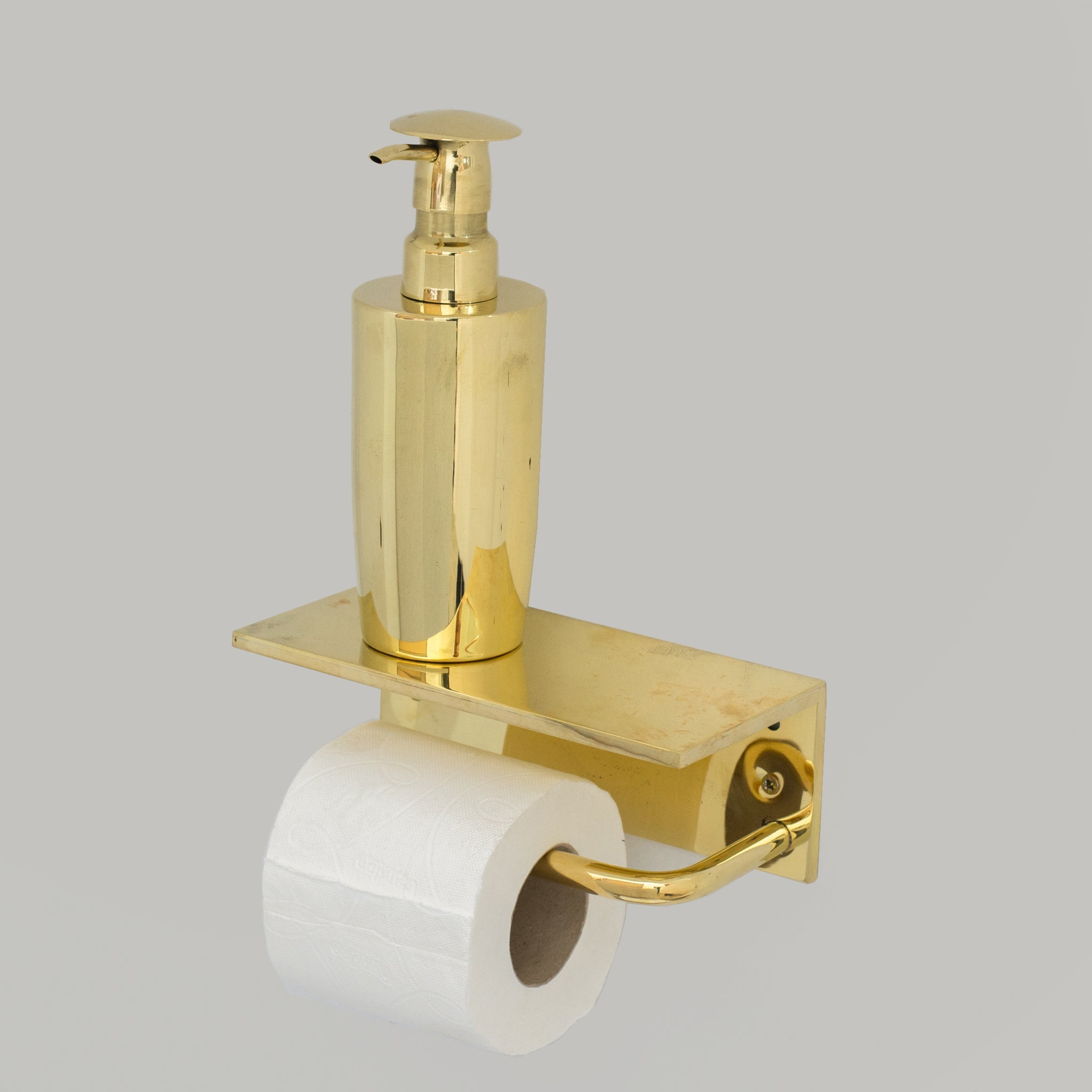 Unlacquered Brass Bathroom Floating Shelf With Hook, Wall Mount Shelf With Toilet Paper Holder - Insideast