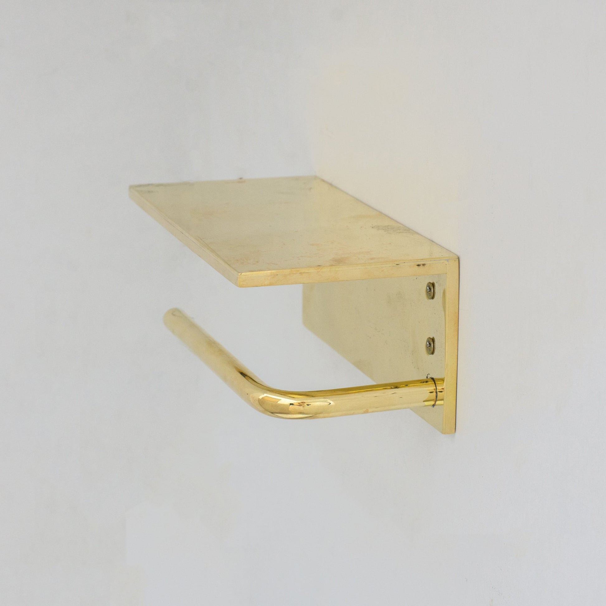 Unlacquered Brass Bathroom Floating Shelf With Hook, Wall Mount Shelf With Toilet Paper Holder - Insideast
