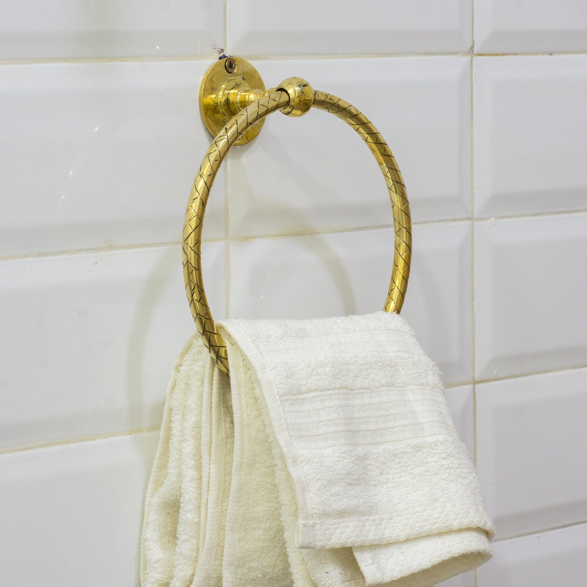 Unlacquered Brass Bathroom Towel Holder, Wall Mount Brass Towel Holder, Hand Etched Towel Ring - Insideast