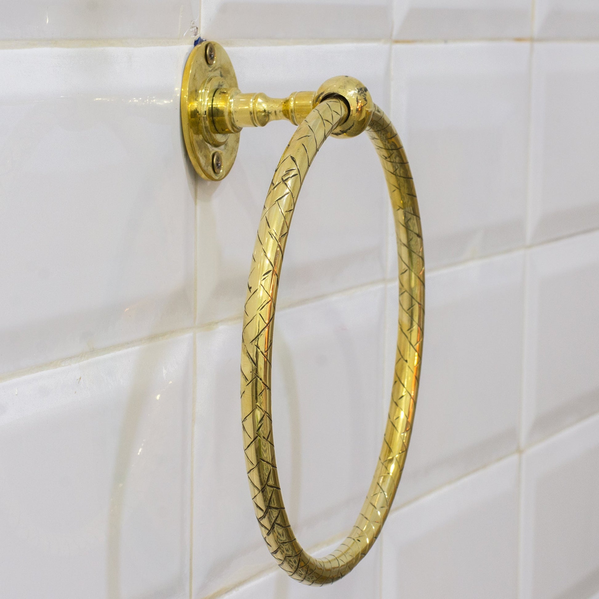 Unlacquered Brass Bathroom Towel Holder, Wall Mount Brass Towel Holder, Hand Etched Towel Ring - Insideast