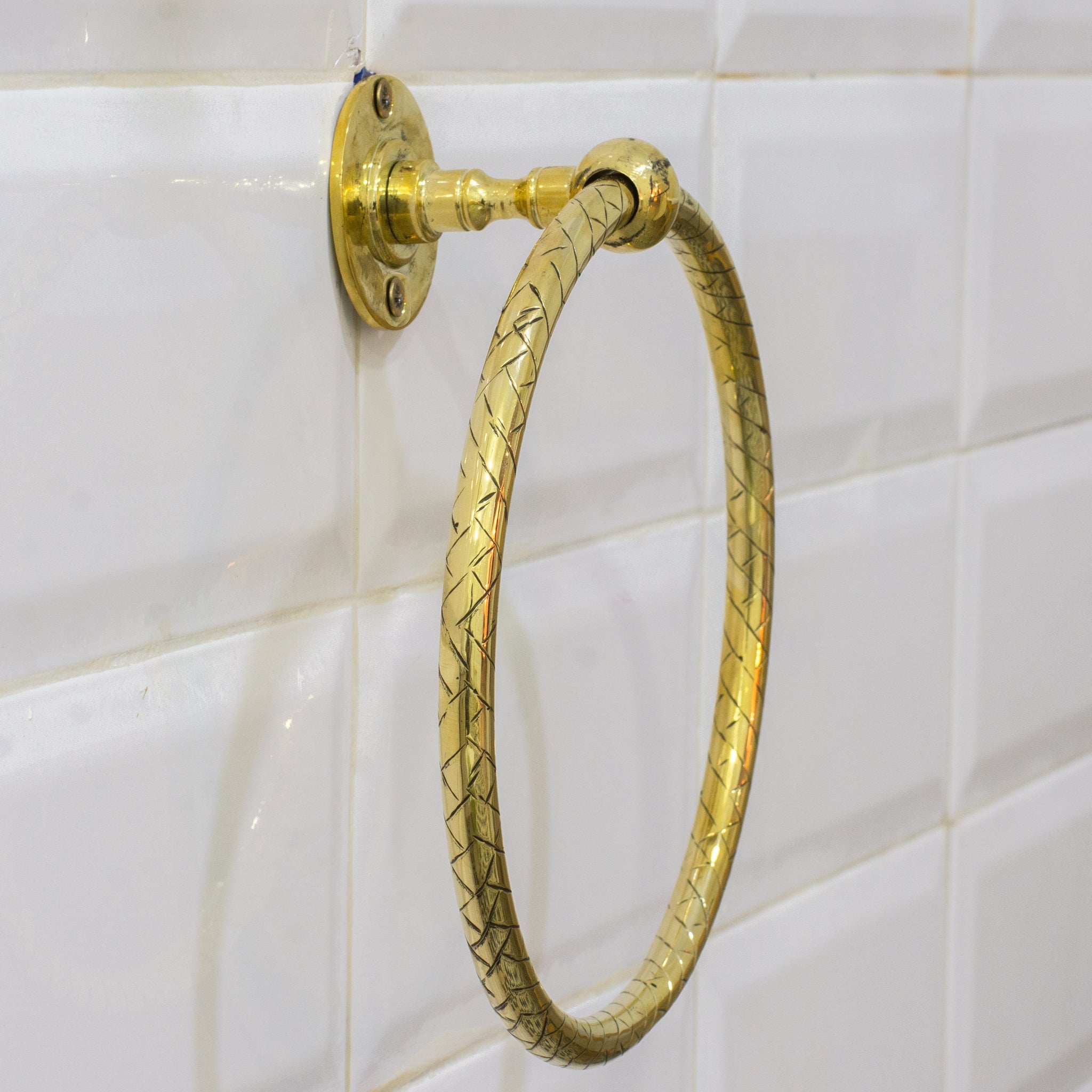 Unlacquered Brass Bathroom Towel Holder, Wall Mount Brass Towel Holder, Hand Etched Towel Ring - Insideast