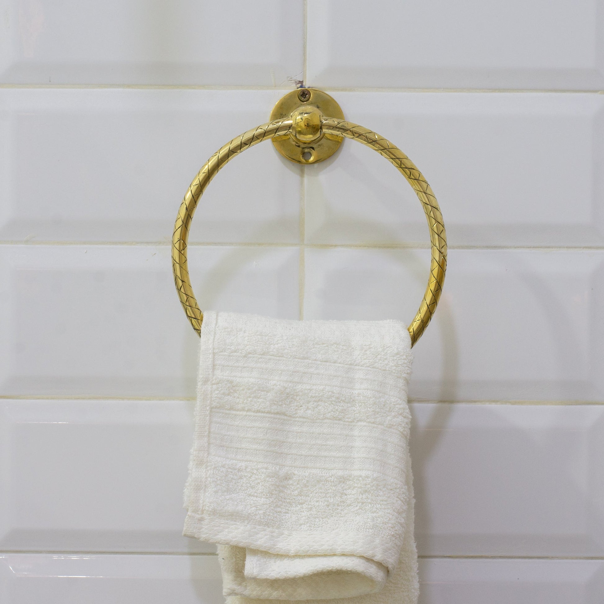 Unlacquered Brass Bathroom Towel Holder, Wall Mount Brass Towel Holder, Hand Etched Towel Ring - Insideast