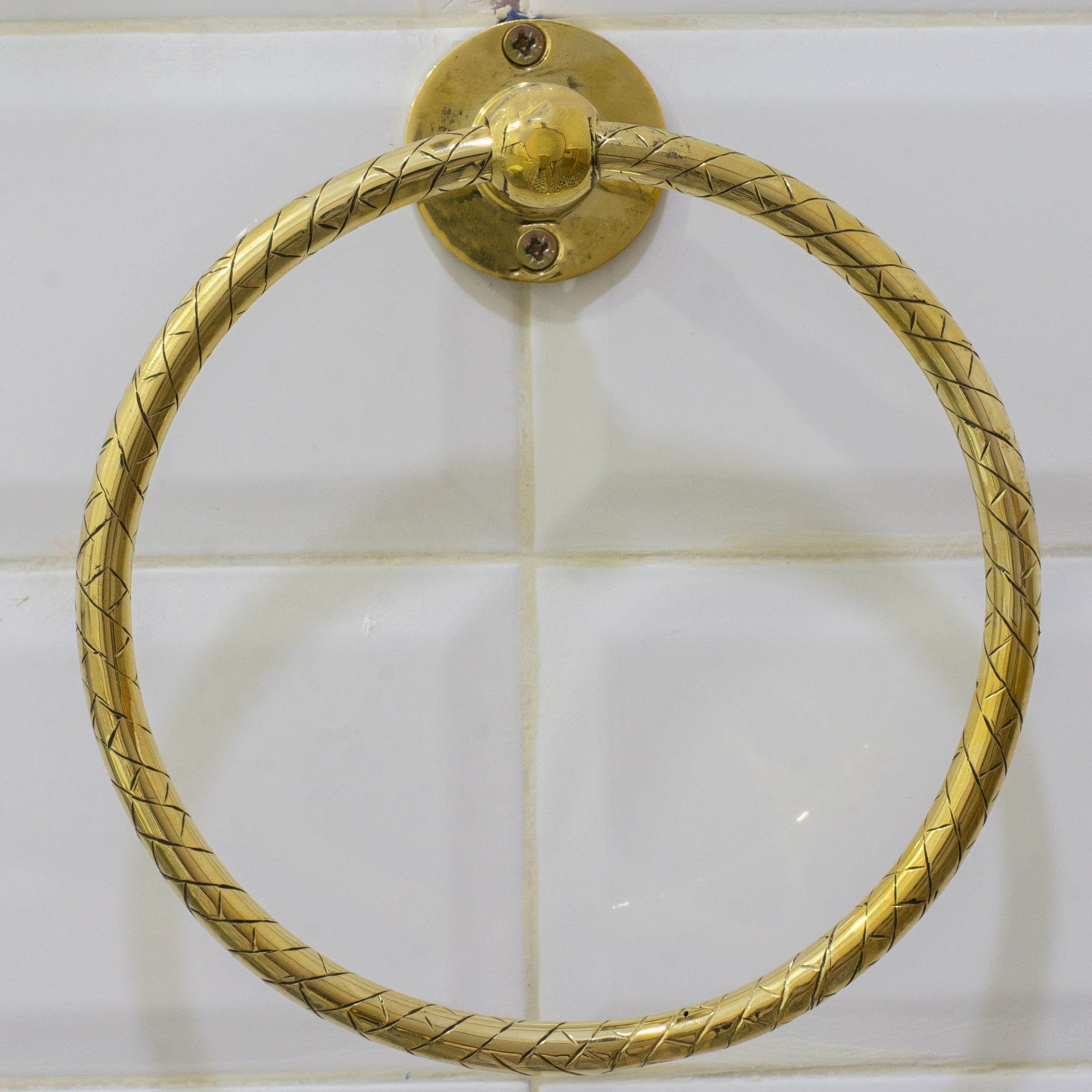 Unlacquered Brass Bathroom Towel Holder, Wall Mount Brass Towel Holder, Hand Etched Towel Ring - Insideast