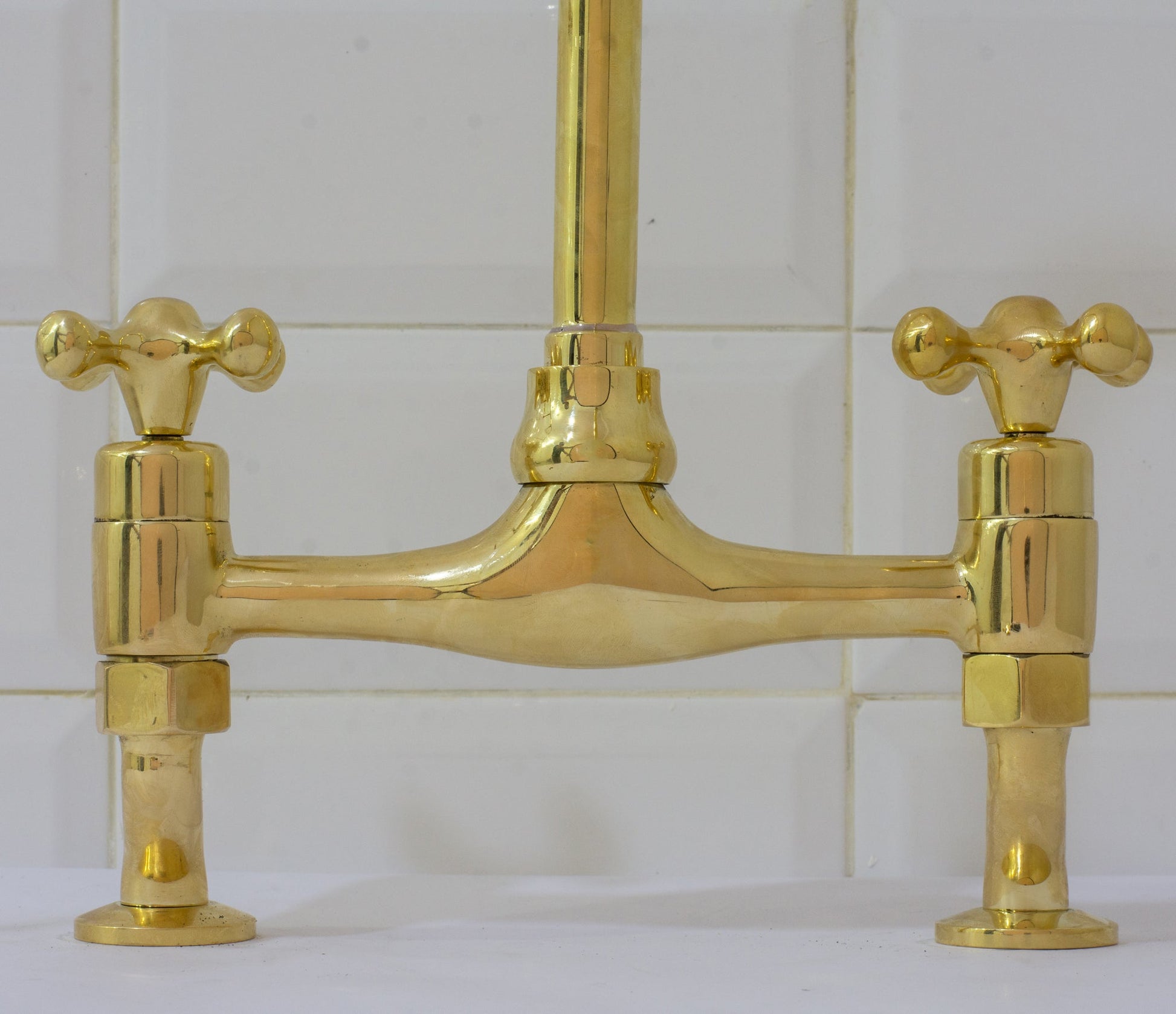 Unlacquered Brass Bridge Curved Legs Faucet, Arched Legs Faucet, Bridge Kitchen Faucet, 2 - Hole Kitchen Faucet, Farmhouse Faucet - Insideast