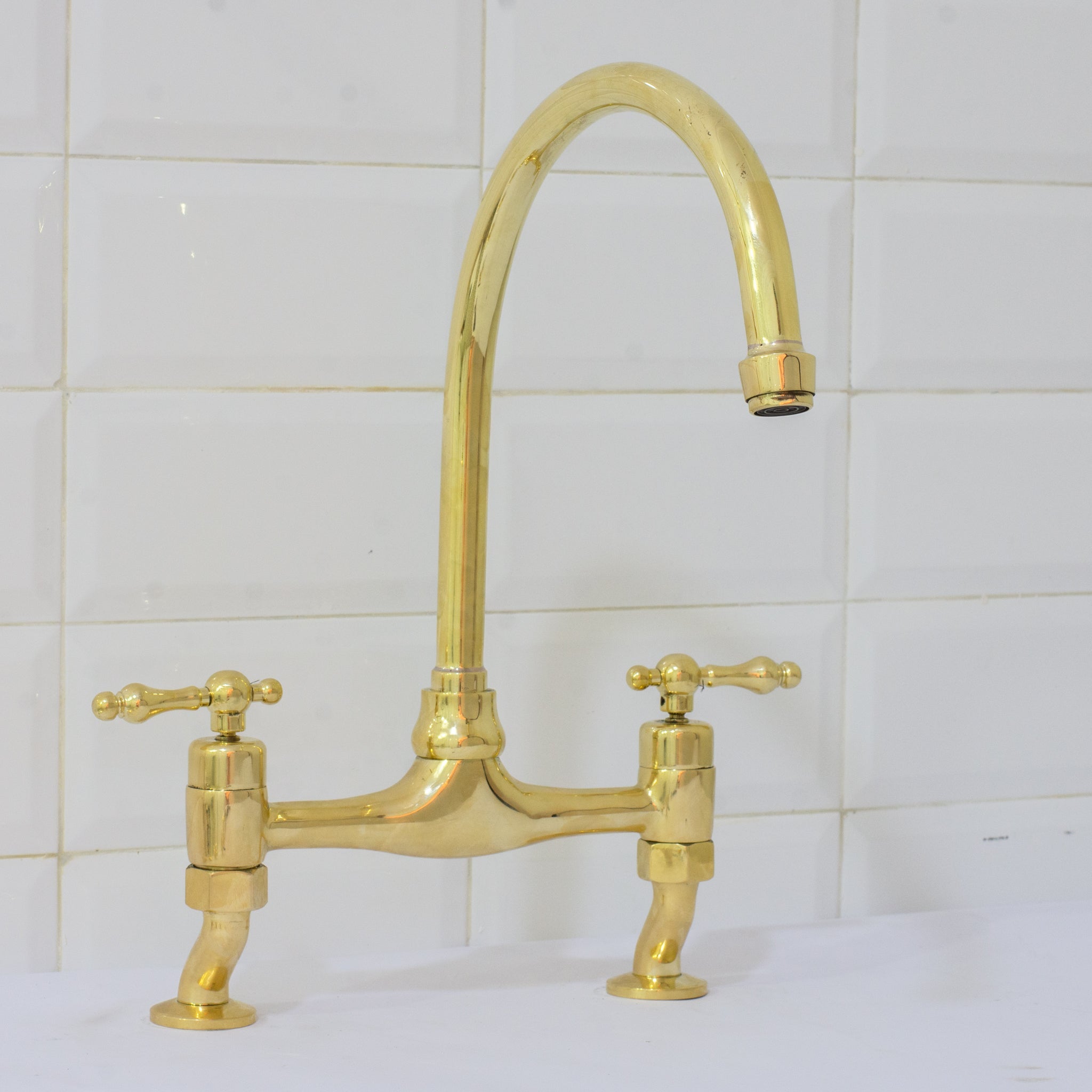 Unlacquered Brass Bridge Curved Legs Faucet, Arched Legs Faucet, Bridge Kitchen Faucet, 2 - Hole Kitchen Faucet, Farmhouse Faucet - Insideast