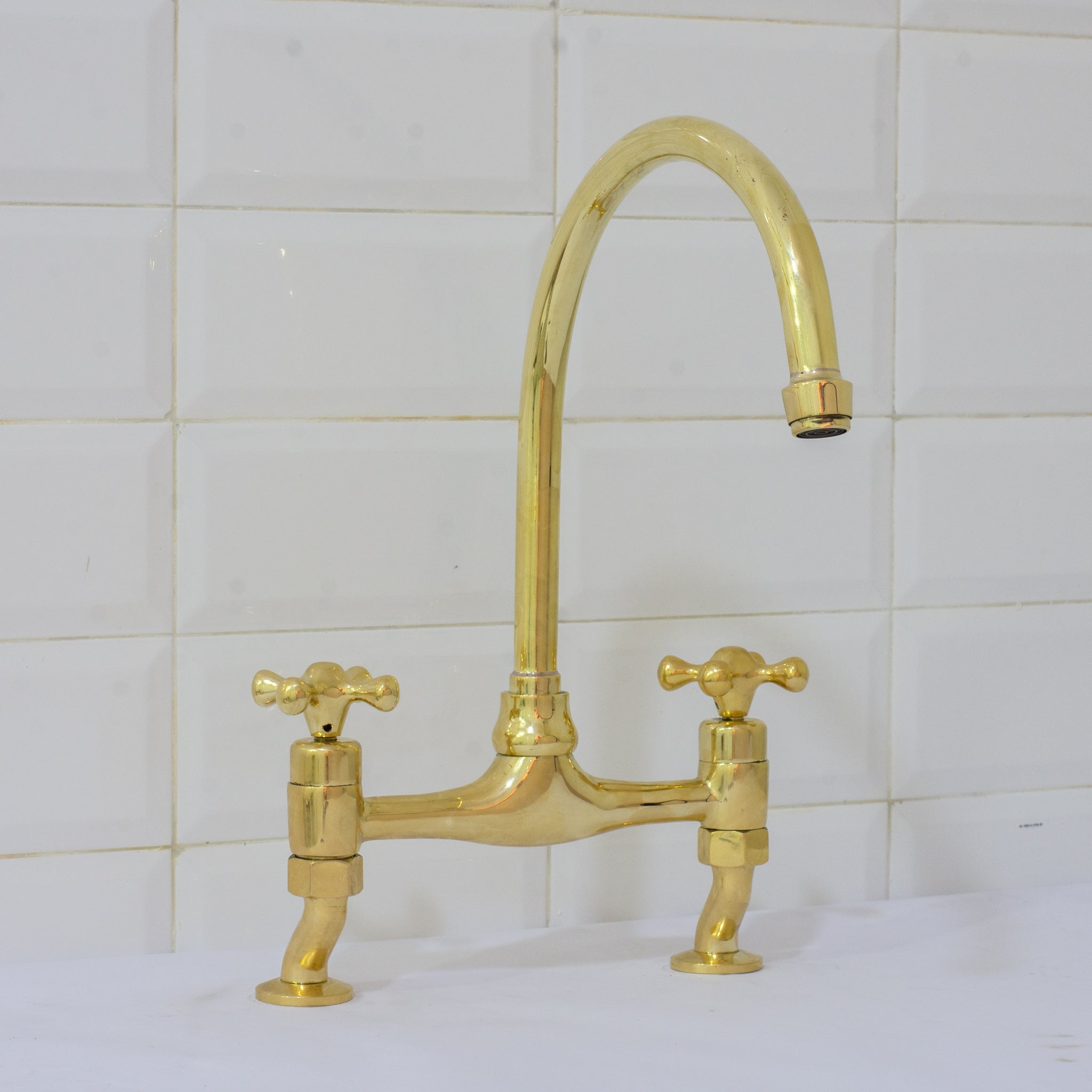 Unlacquered Brass Bridge Curved Legs Faucet, Arched Legs Faucet, Bridge Kitchen Faucet, 2 - Hole Kitchen Faucet, Farmhouse Faucet - Insideast