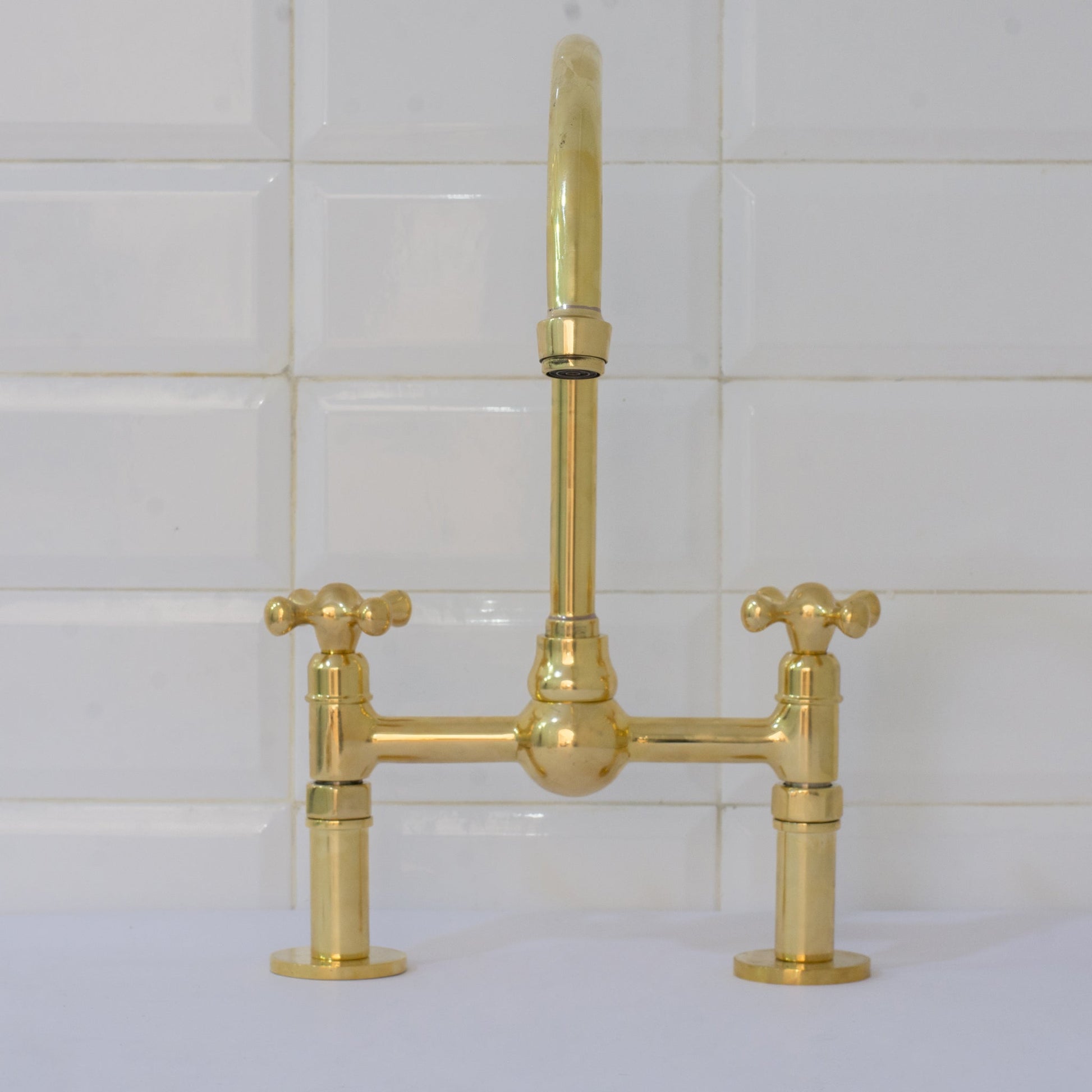 Unlacquered Brass Bridge Faucet, Kitchen Sink Faucet, Simple Cross Handles - Insideast