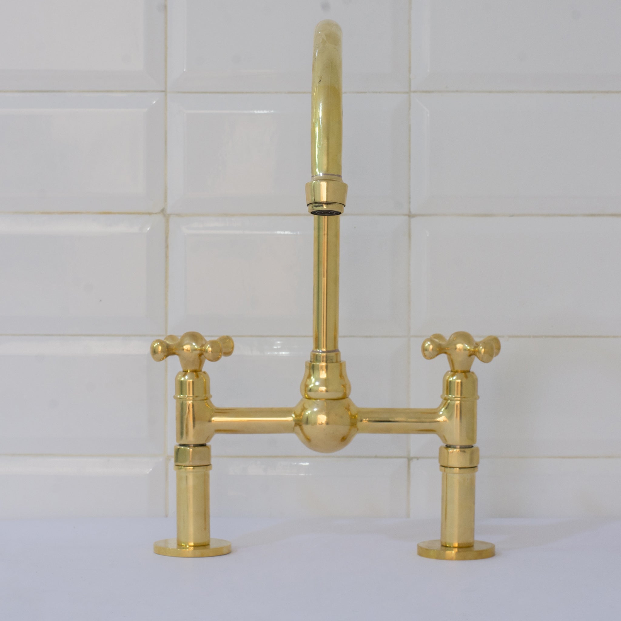 Unlacquered Brass Bridge Faucet, Kitchen Sink Faucet, Simple Cross Handles - Insideast