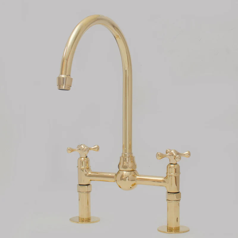Unlacquered Brass Bridge Faucet, Kitchen Sink Faucet, Simple Cross Handles