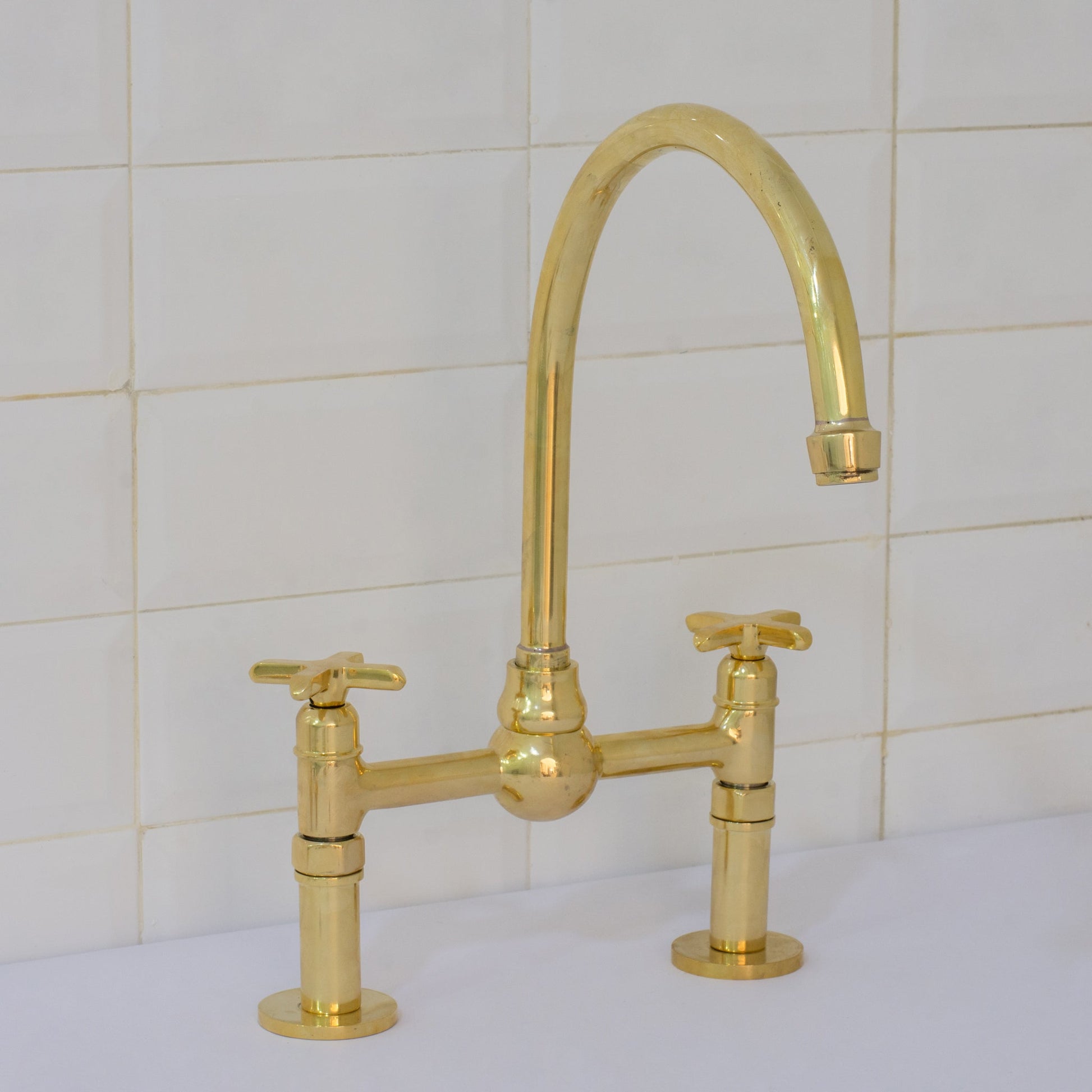 Unlacquered Brass Bridge Faucet, Kitchen Sink Faucet, Simple Cross Handles - Insideast
