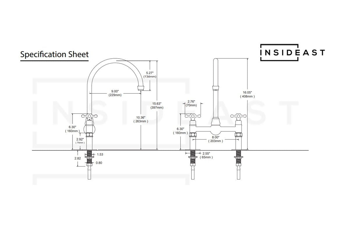 Unlacquered Brass Bridge Faucet, Kitchen Sink Faucet, Simple Cross Handles - Insideast