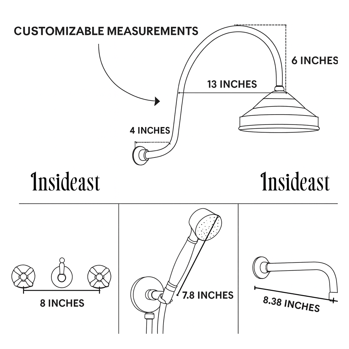 Unlacquered Brass Built - in Shower Gooseneck Arm, 3 - Outlet Concealed Hand Shower And Tub Faucet, Rainfall Shower System - Insideast