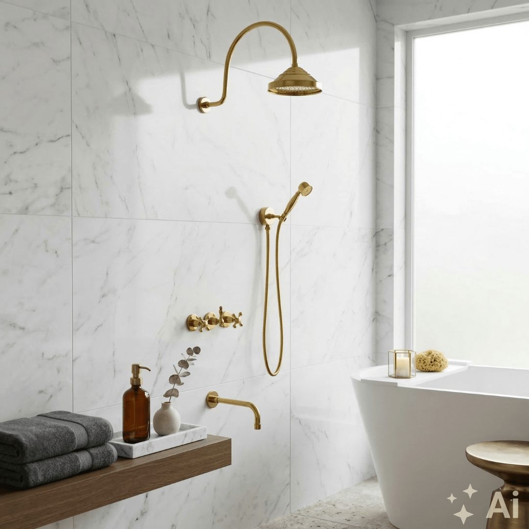Unlacquered Brass 3-Outlet Gooseneck Shower System with Rain Shower, Handheld & Tub Filler