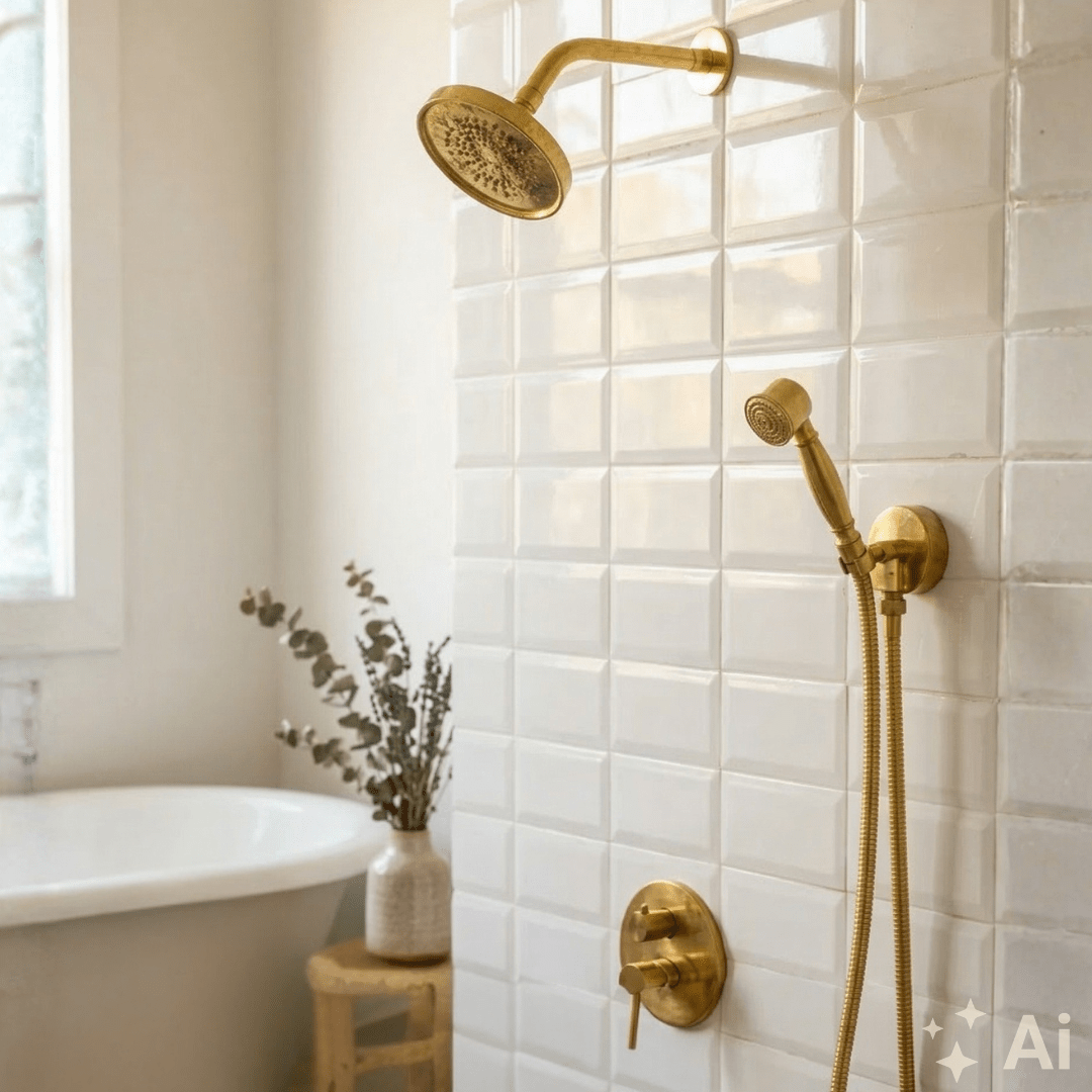 Unlacquered Brass Built-In Shower System with Angled Arm & Handheld