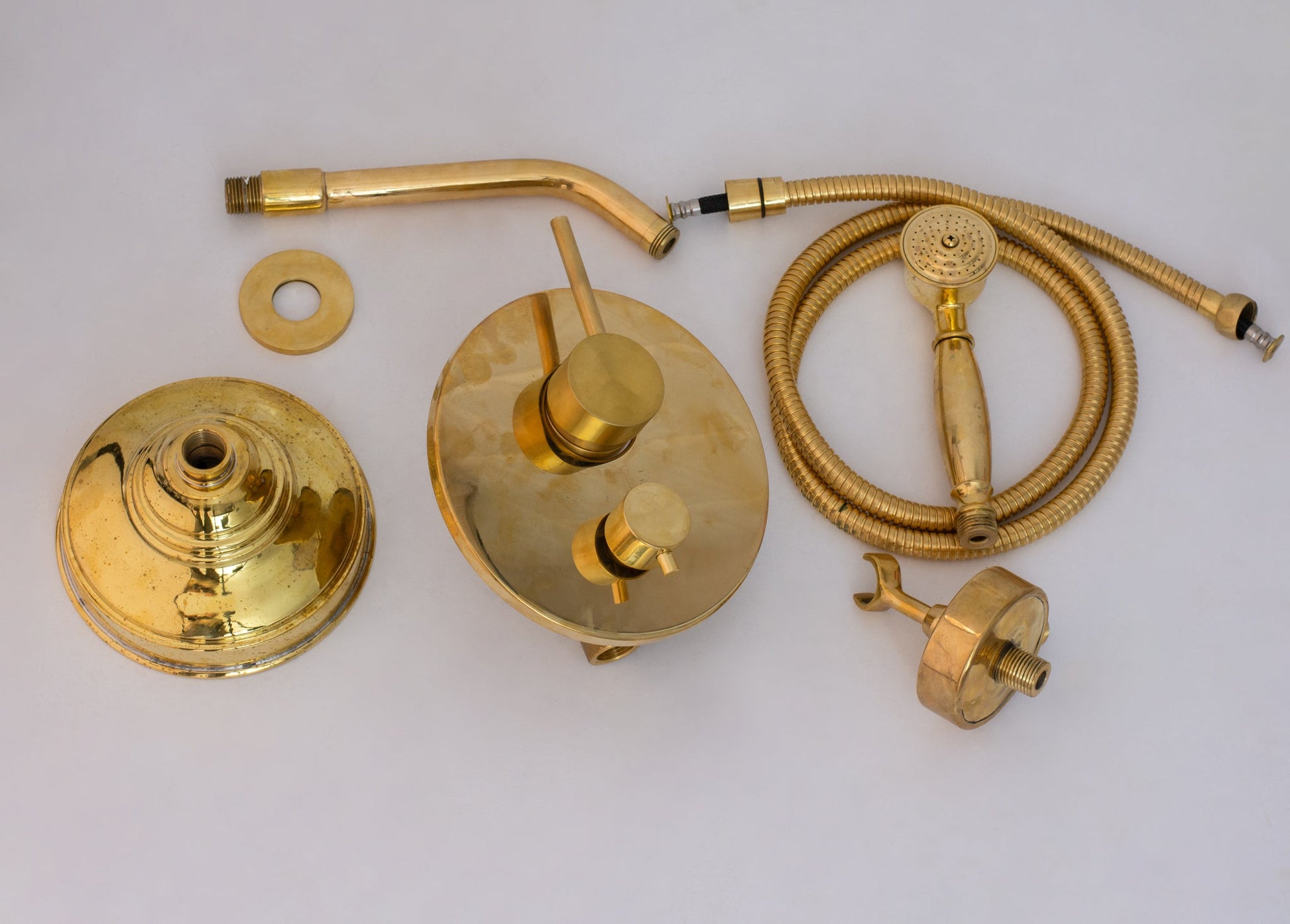 Unlacquered Brass Built - In Shower System | Angled Showerhead & Handheld | Concealed 2 - Outlet Set - Insideast