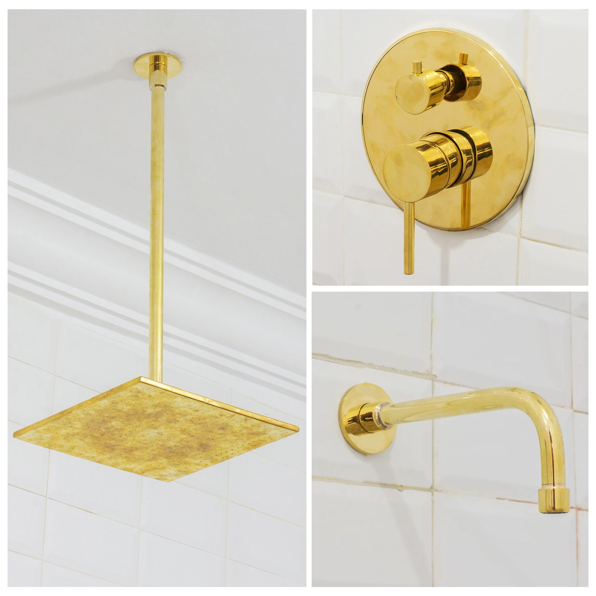 Unlacquered Brass Ceiling Shower System, 2 - Outlet Shower, Overhead Shower With Tub Filler, Ceiling Mount Showerhead with Tub Faucet - Insideast