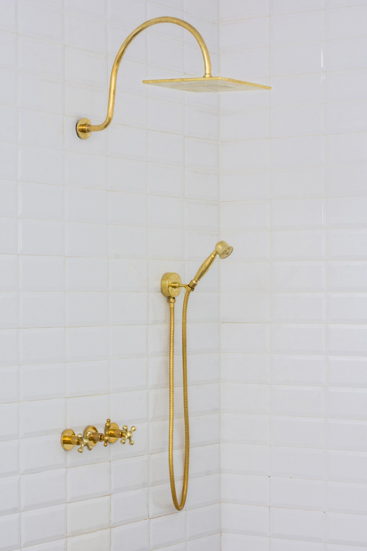 Unlacquered Brass Concealed Shower – Gooseneck Rainfall Arm with Handheld, 2 - Outlet Shower System - Insideast