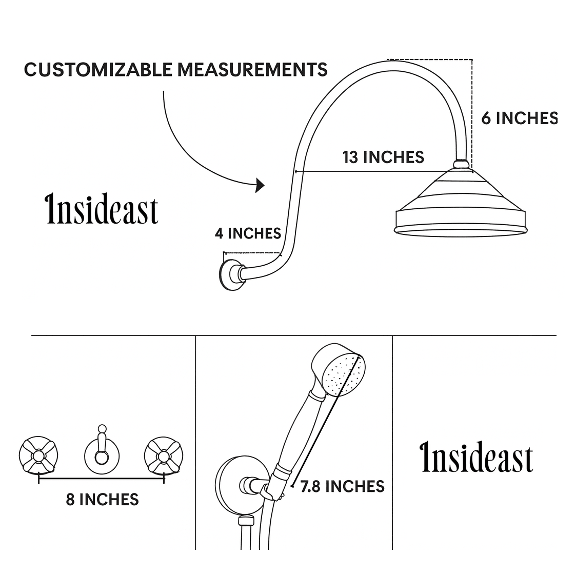 Unlacquered Brass Concealed Shower – Gooseneck Rainfall Arm with Handheld, 2 - Outlet Shower System - Insideast