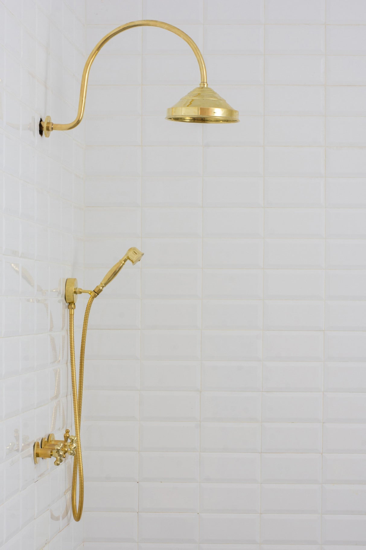 Unlacquered Brass Concealed Shower – Gooseneck Rainfall Arm with Handheld, 2 - Outlet Shower System - Insideast