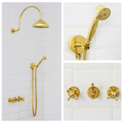 Unlacquered Brass Concealed Shower – Gooseneck Rainfall Arm with Handheld, 2 - Outlet Shower System - Insideast