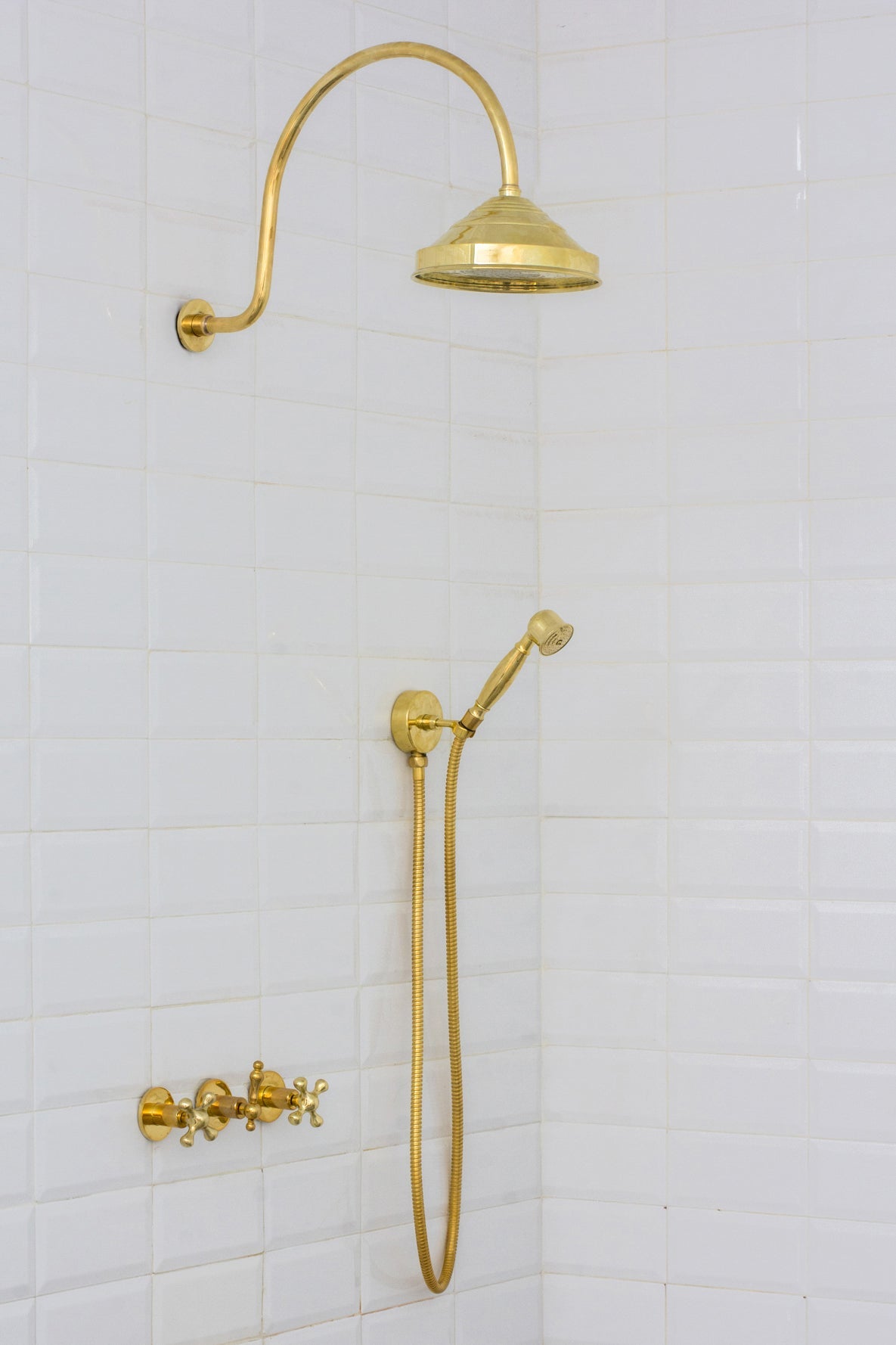 Unlacquered Brass Concealed Shower – Gooseneck Rainfall Arm with Handheld, 2 - Outlet Shower System - Insideast