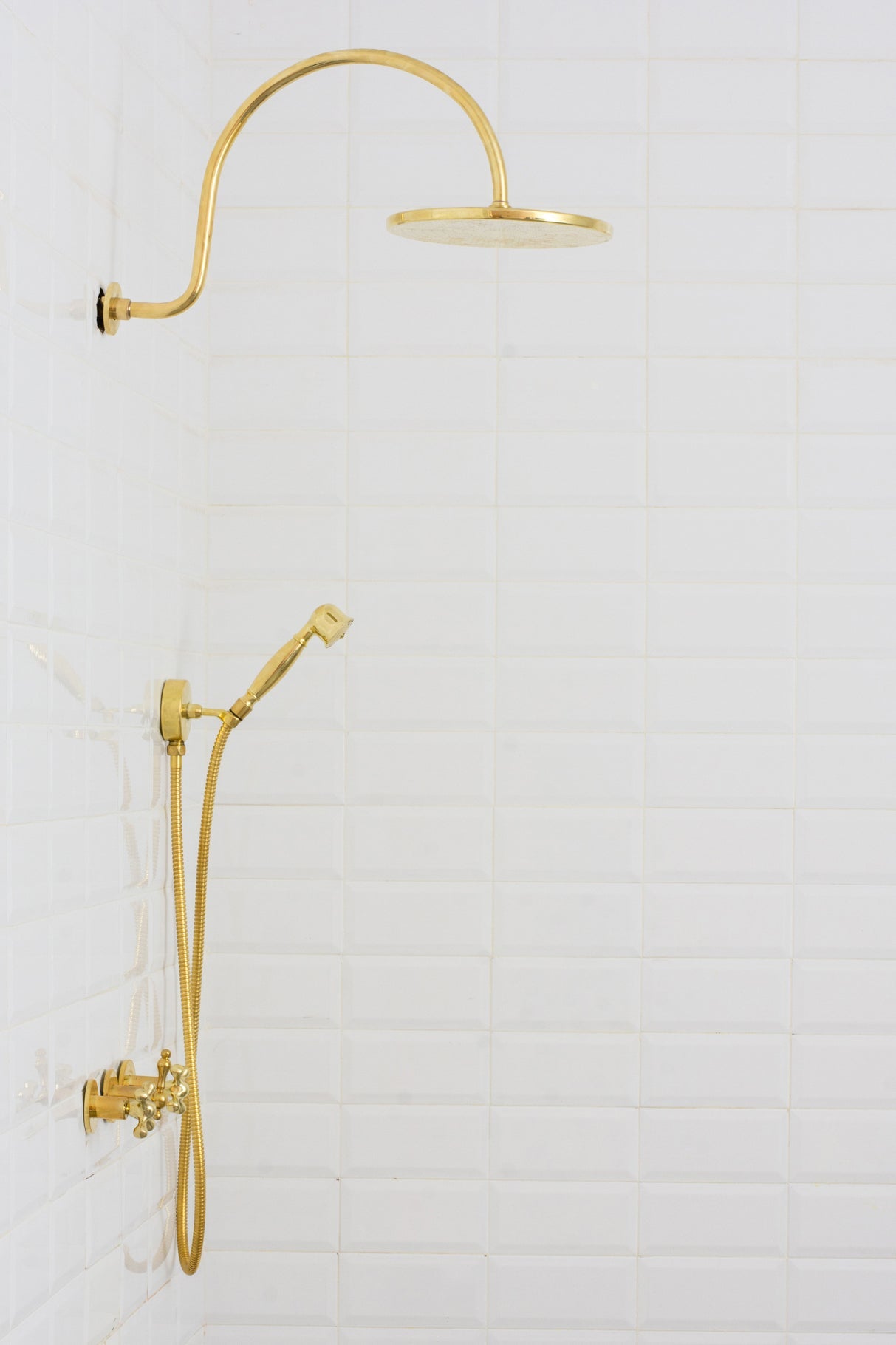 Unlacquered Brass Concealed Shower – Gooseneck Rainfall Arm with Handheld, 2 - Outlet Shower System - Insideast