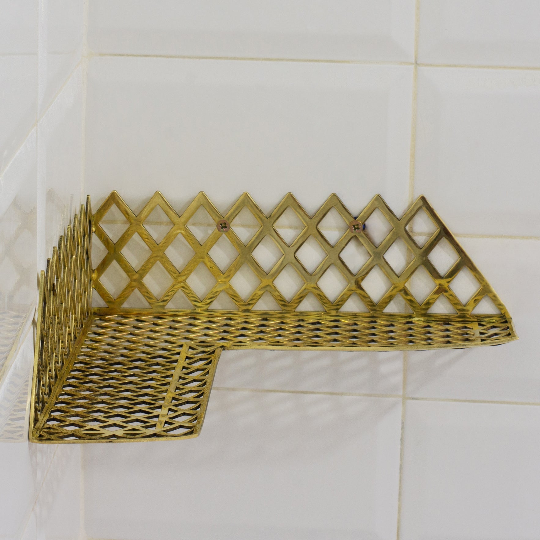 Unlacquered Brass Corner Shower Shelf Grid | Brass Floating Shower Caddy - Insideast