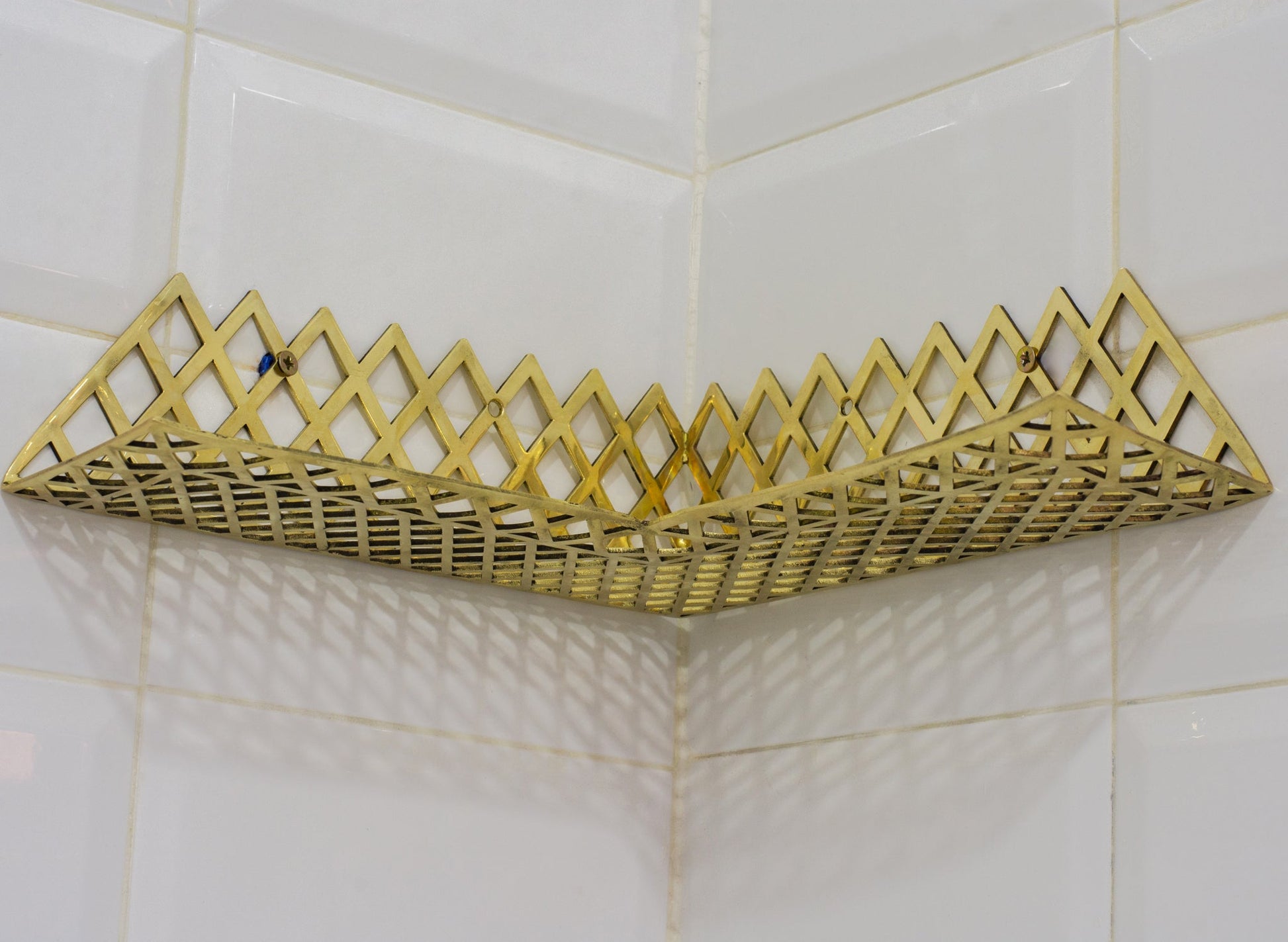 Unlacquered Brass Corner Shower Shelf Grid | Brass Floating Shower Caddy - Insideast