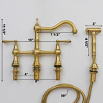 Load image into Gallery viewer, Unlacquered Brass Faucet, Kitchen Victorian Bridge Faucet with Sprayer, 3 Holes Faucet, Lever Handles
