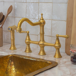 Unlacquered Brass Faucet, Kitchen Victorian Bridge Faucet with Sprayer, 3 Holes Faucet, Lever Handles