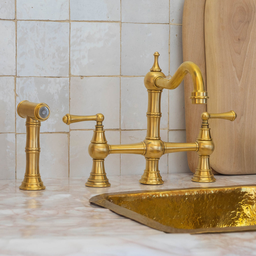 Unlacquered Brass Faucet, Kitchen Victorian Bridge Faucet with Sprayer, 3 Holes Faucet, Lever Handles
