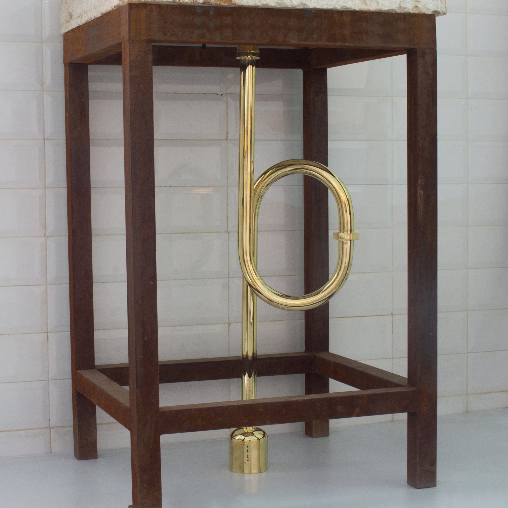 Unlacquered brass floor-mounted S-trap, exposed plumbing kit