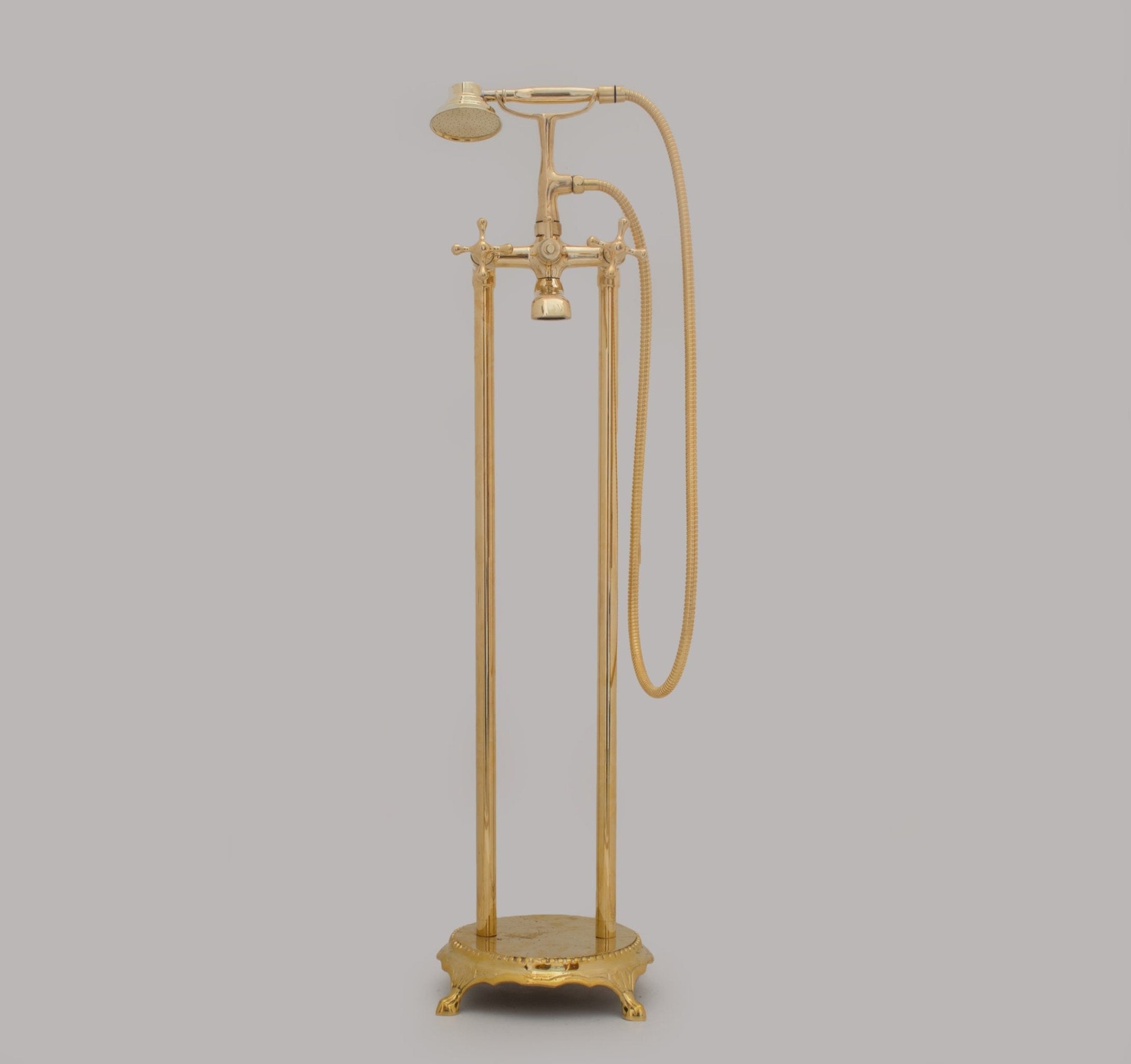 Unlacquered Brass Freestanding Tub Filler, Solid Brass Tub Faucet With Handheld, Floor Mount Bathtub Faucet - Insideast