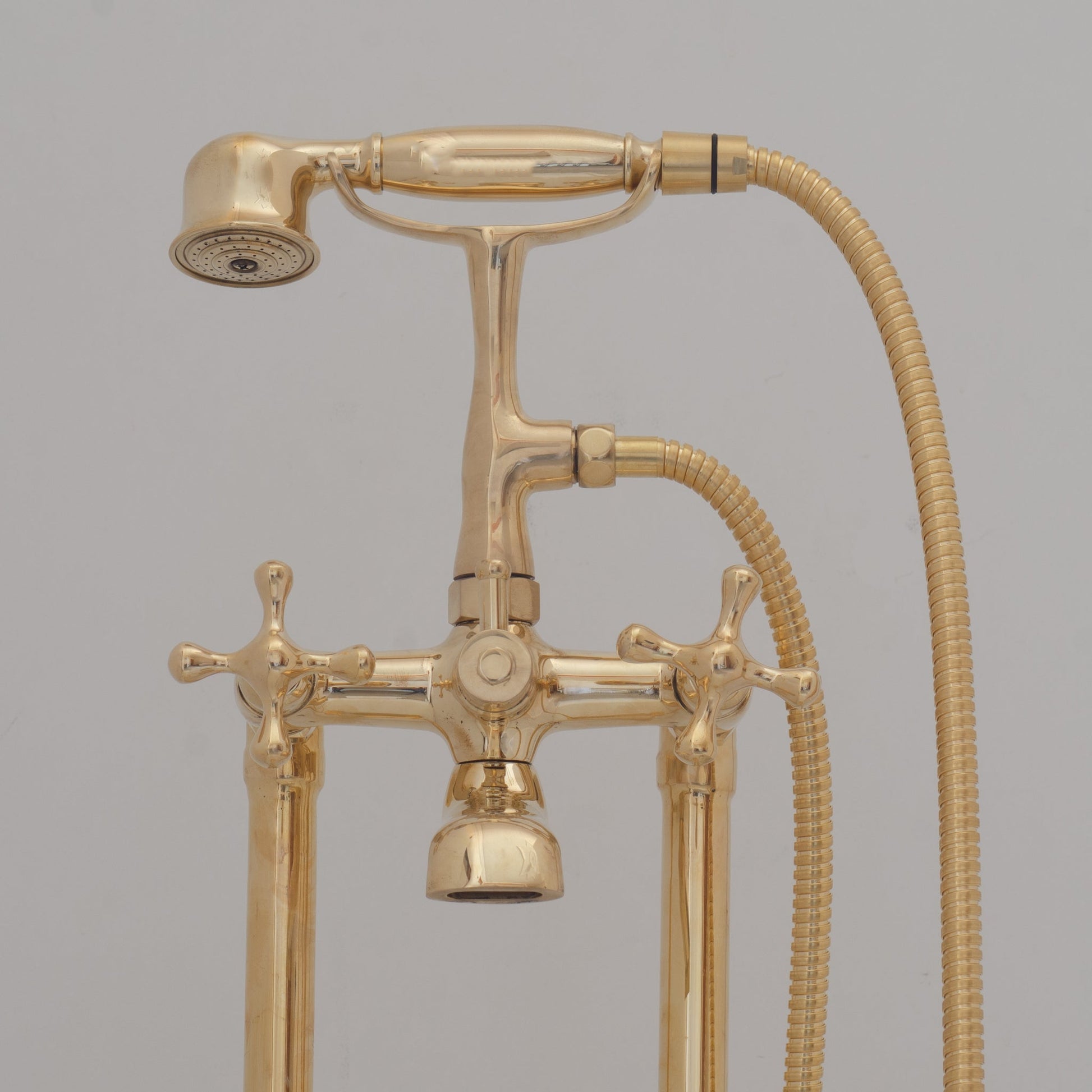 Unlacquered Brass Freestanding Tub Filler, Solid Brass Tub Faucet With Handheld, Floor Mount Bathtub Faucet - Insideast