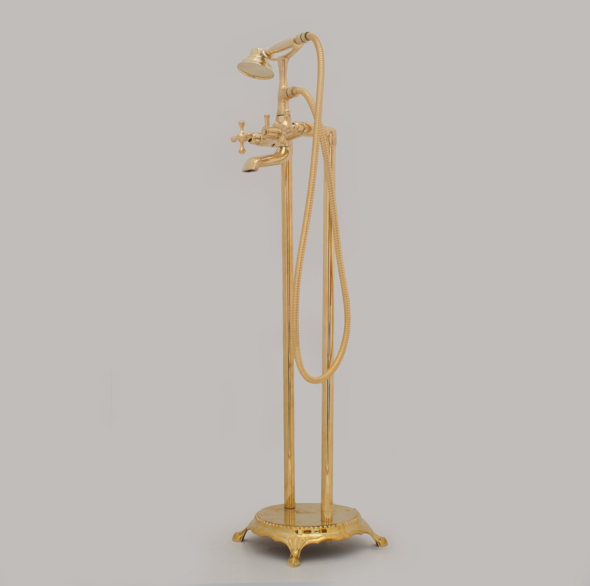 Unlacquered Brass Freestanding Tub Filler, Solid Brass Tub Faucet With Handheld, Floor Mount Bathtub Faucet - Insideast